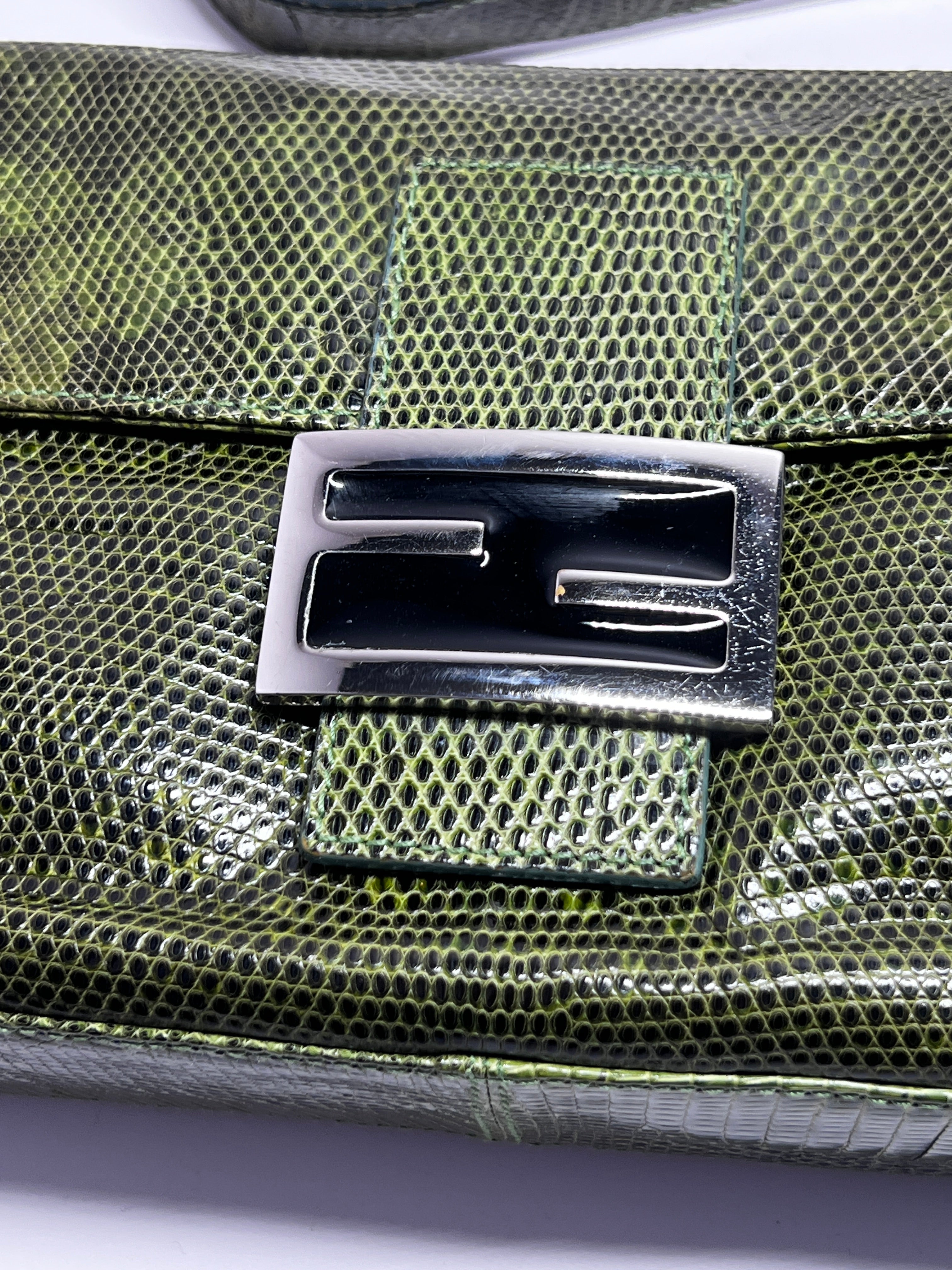 Authentic Vintage Fendi Green Lizard Skin Baguette Handbag - Luxury Designer Crossbody Purse for Women, Perfect for Evening Parties & Special Occasions