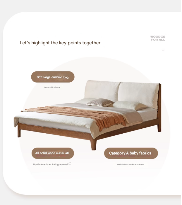Solid Oak Wood Bed Frame with Soft Fabric Upholstered Headboard - Queen Size, Modern Minimalist Design for Bedroom, Guest Room, or Dorm