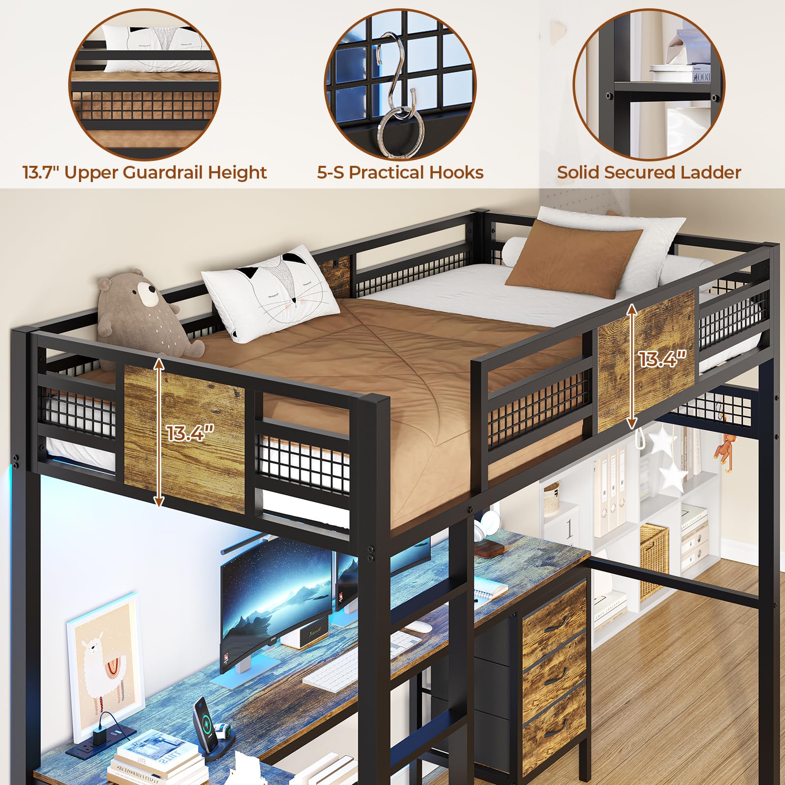 Twin Loft Bed with L-Shaped Desk - Metal Twin Size Bed Frame with LED Lights & USB Charging Station, 3 Fabric Drawers & 2-Tier Storage Shelves, Safety Guard Rail & Ladder - Space Saving Kids/Teens Bed for Small Rooms, Dorms & Apartments (No Box Spring Needed)