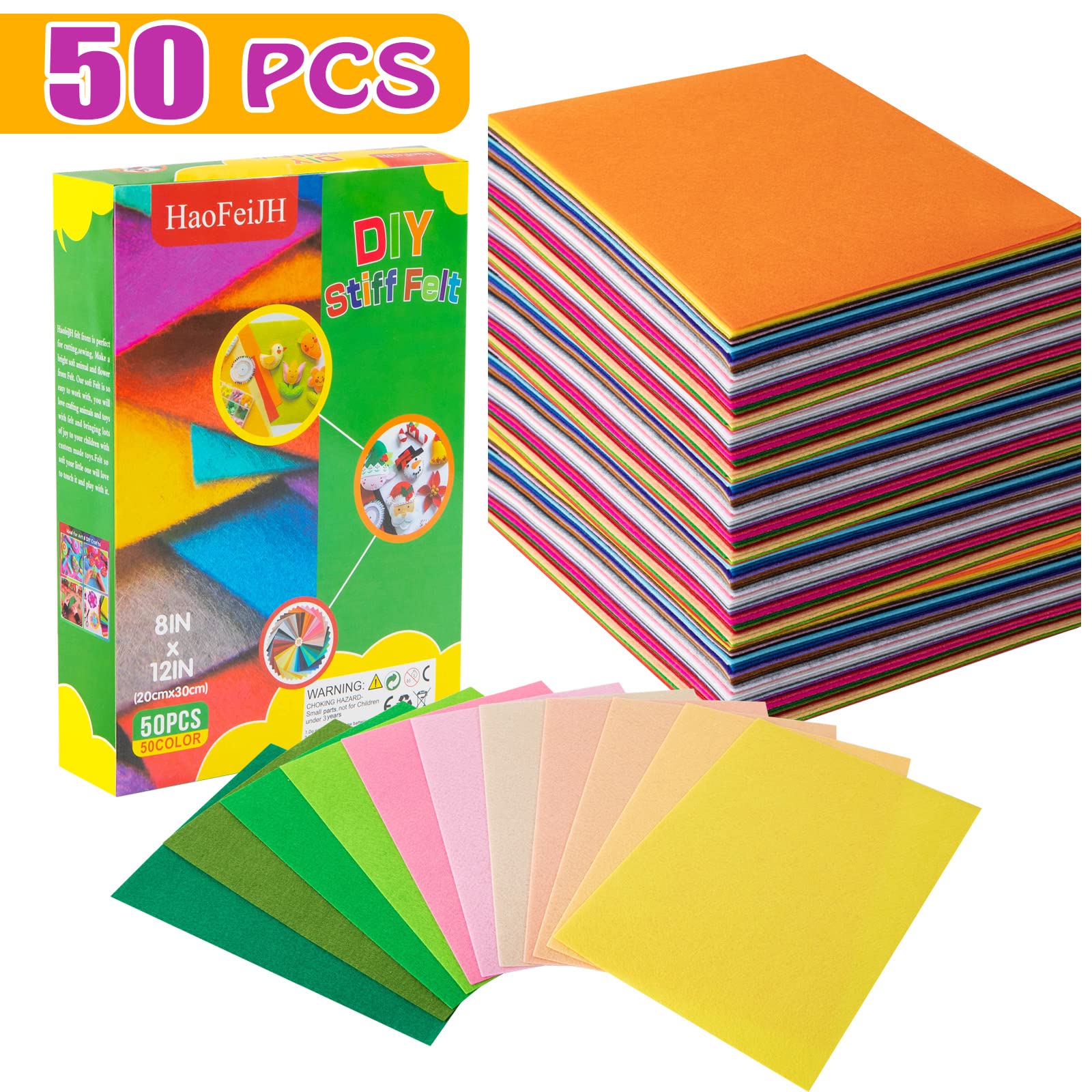 HaofeiJH 50Pcs 1mm Stiff Felt Fabric Sheets - 8x12 Inch Assorted Color Non-Woven Felt Pack for DIY Craft, Sewing, Kids Art Projects, School Supplies, Classroom Activities, Scrapbooking & Home Decor