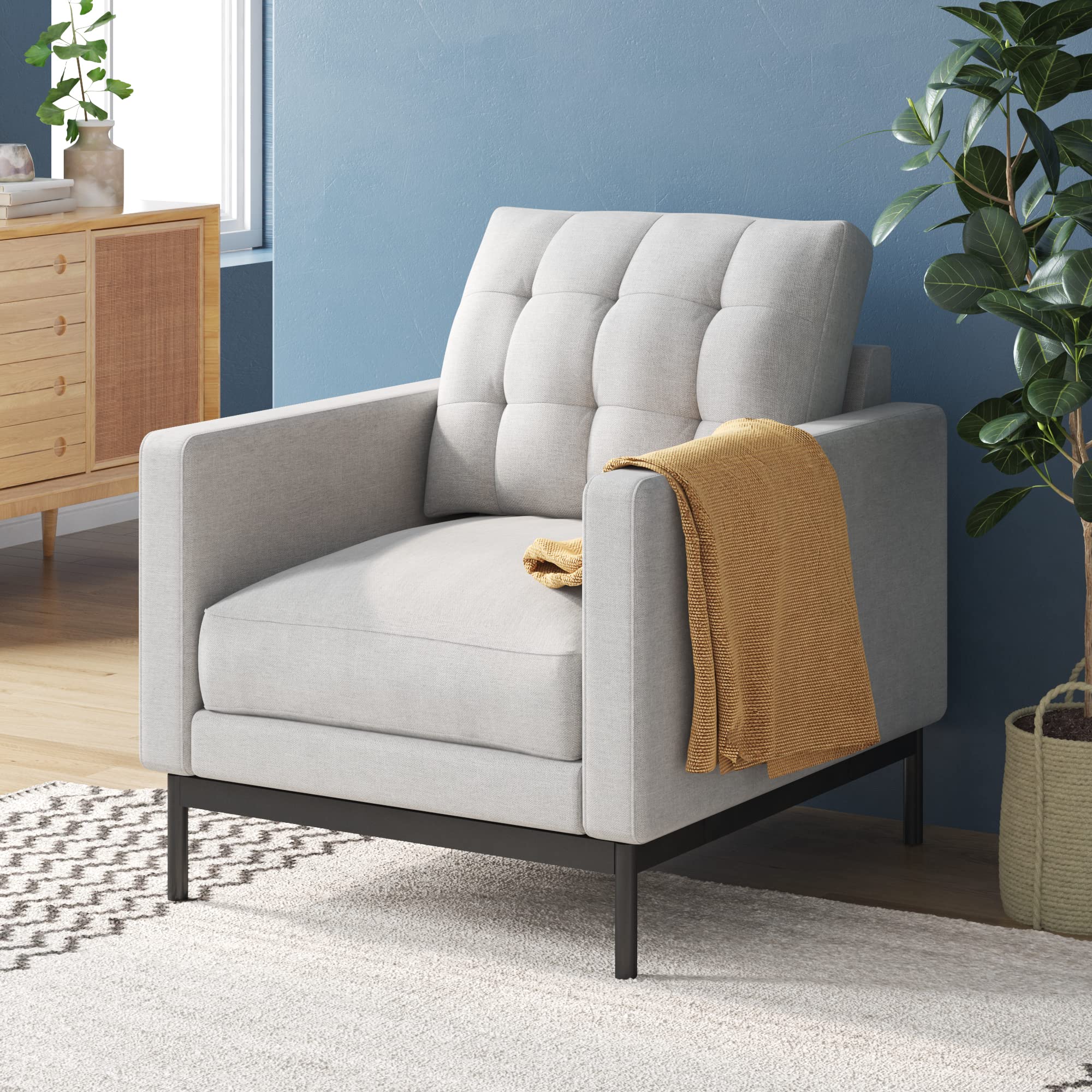ZINUS Thompson Armchair with Tufted Cushions & Green Tea Infused Foam - Easy Tool-Free Assembly in Light Grey - Perfect for Living Room, Bedroom or Office