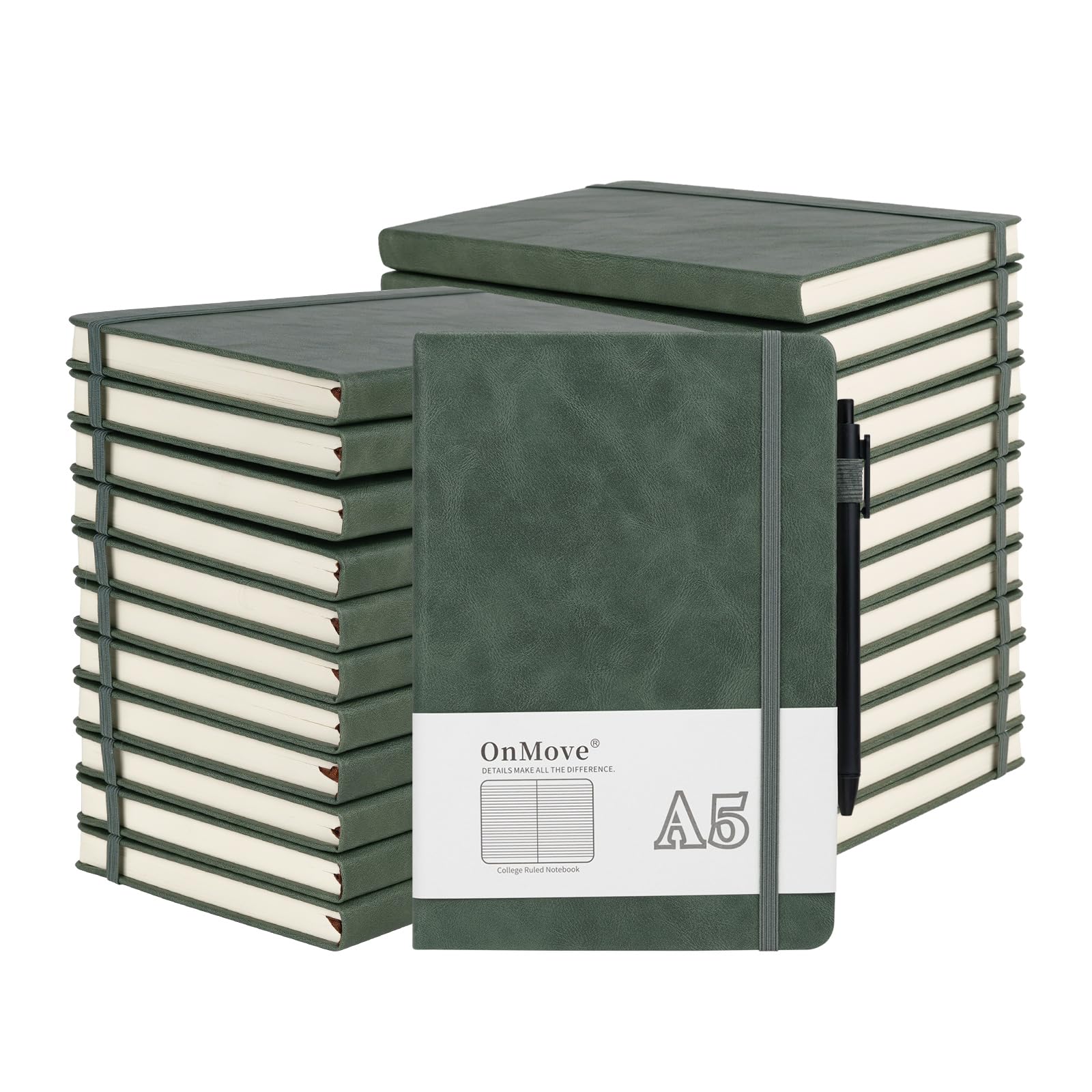 24-Pack Bulk A5 Leather Hardcover Notebooks & Journals for Women & Men - 160 Pages, 100 GSM Thick Paper, Pen Holder - Perfect for Work, School, Office & Daily Writing (Lined, Green)