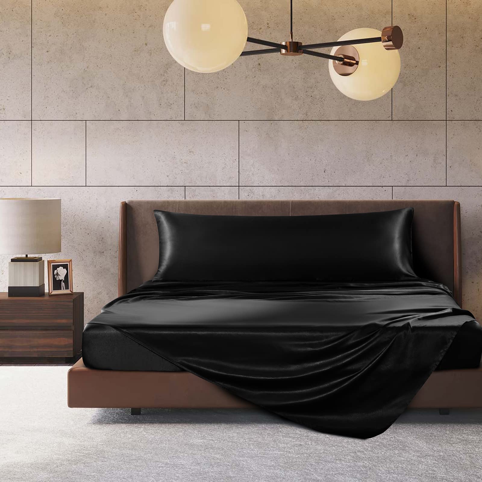 TREELY Satin Body Pillowcase for Hair and Skin Care - 20x54 Inch Silky Smooth Pillow Cover with Envelope Closure - Hypoallergenic & Breathable - Perfect for Side Sleepers, Pregnancy Support & Bedroom Decor (Black)