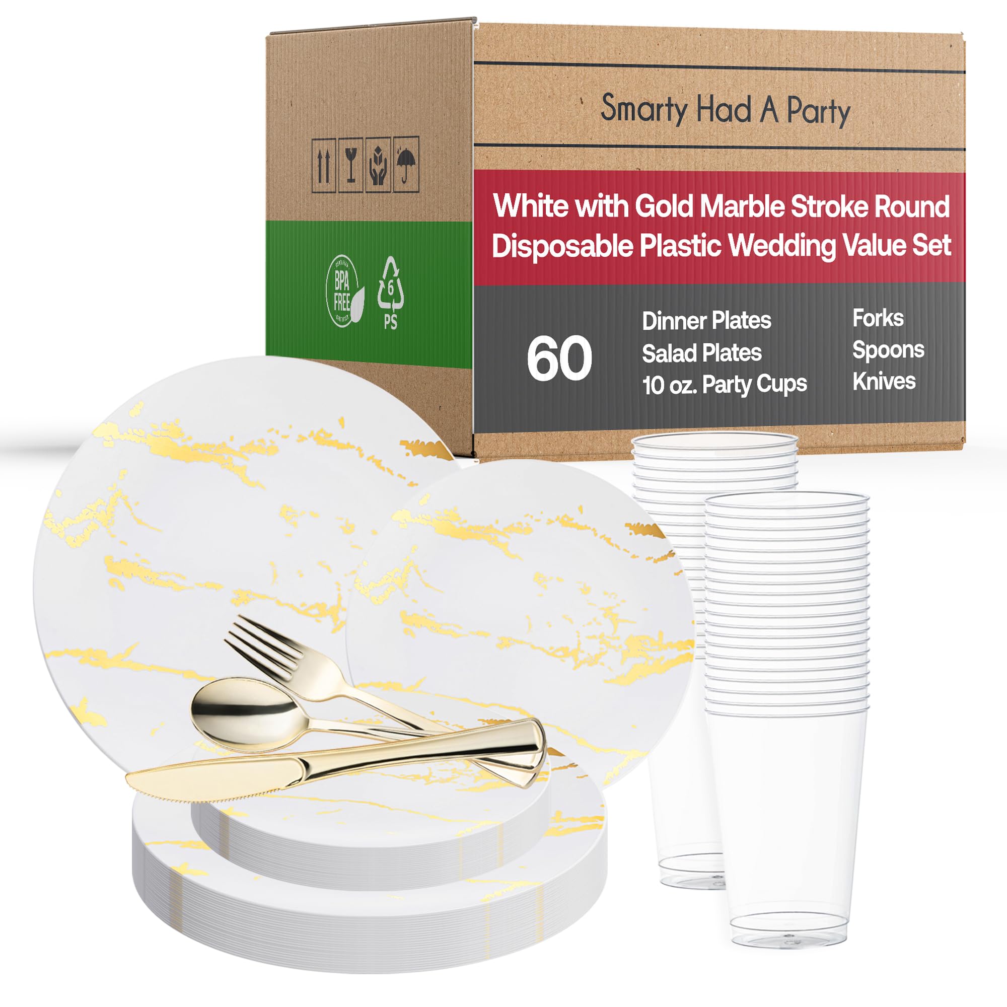 Elegant Disposable Marble Plastic Plates - 60-Piece White & Gold Wedding Dinnerware Set for Parties, Events & Special Occasions - Perfect for Weddings, Bridal Showers, Anniversaries & Formal Dinners