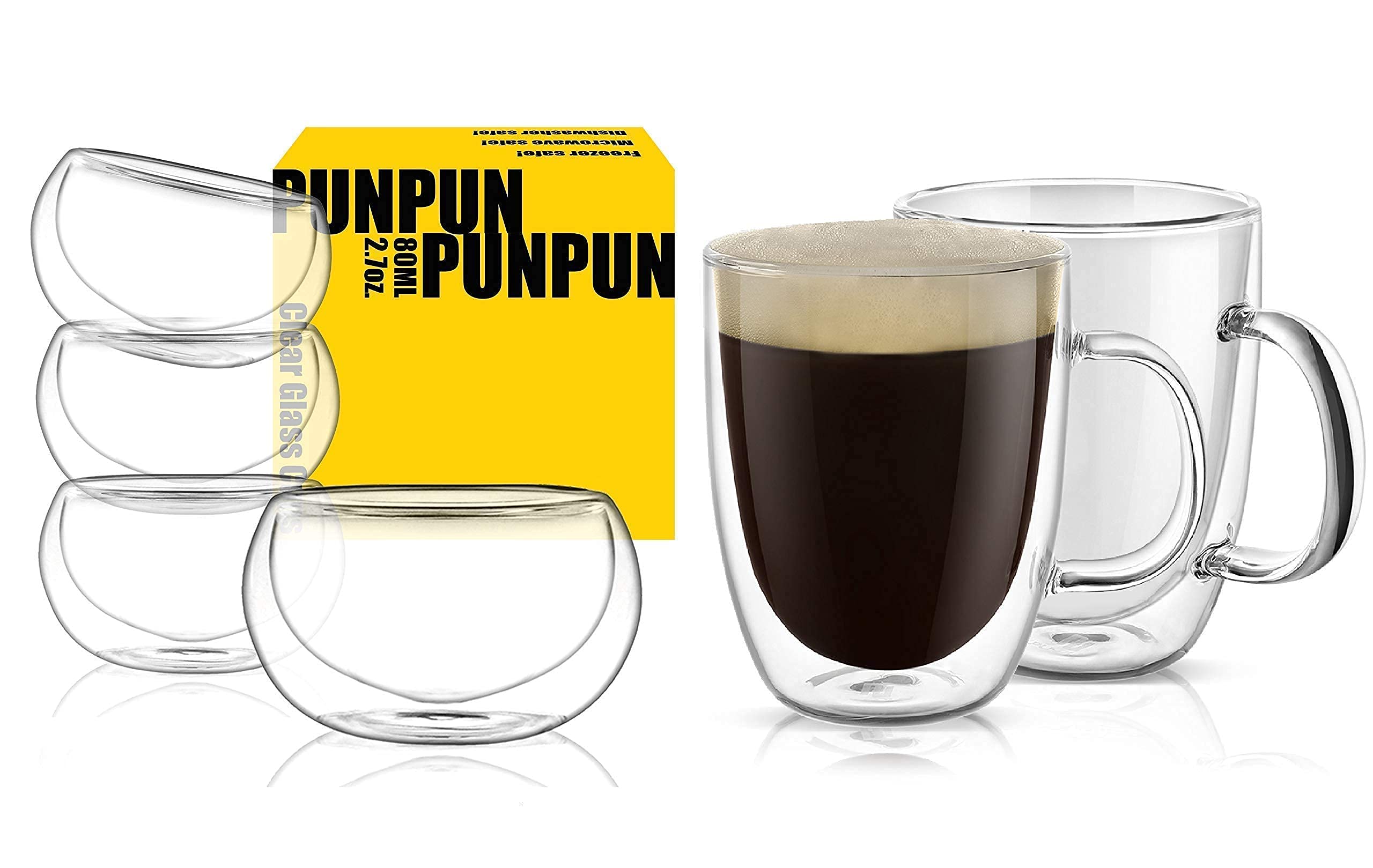 PunPun Bundle: 17oz Large Clear Glass Coffee Mugs (Set of 2) & 2.7oz Tea Cups (Set of 2) - Unique Espresso Cups for Home, Office, and Cafe Use