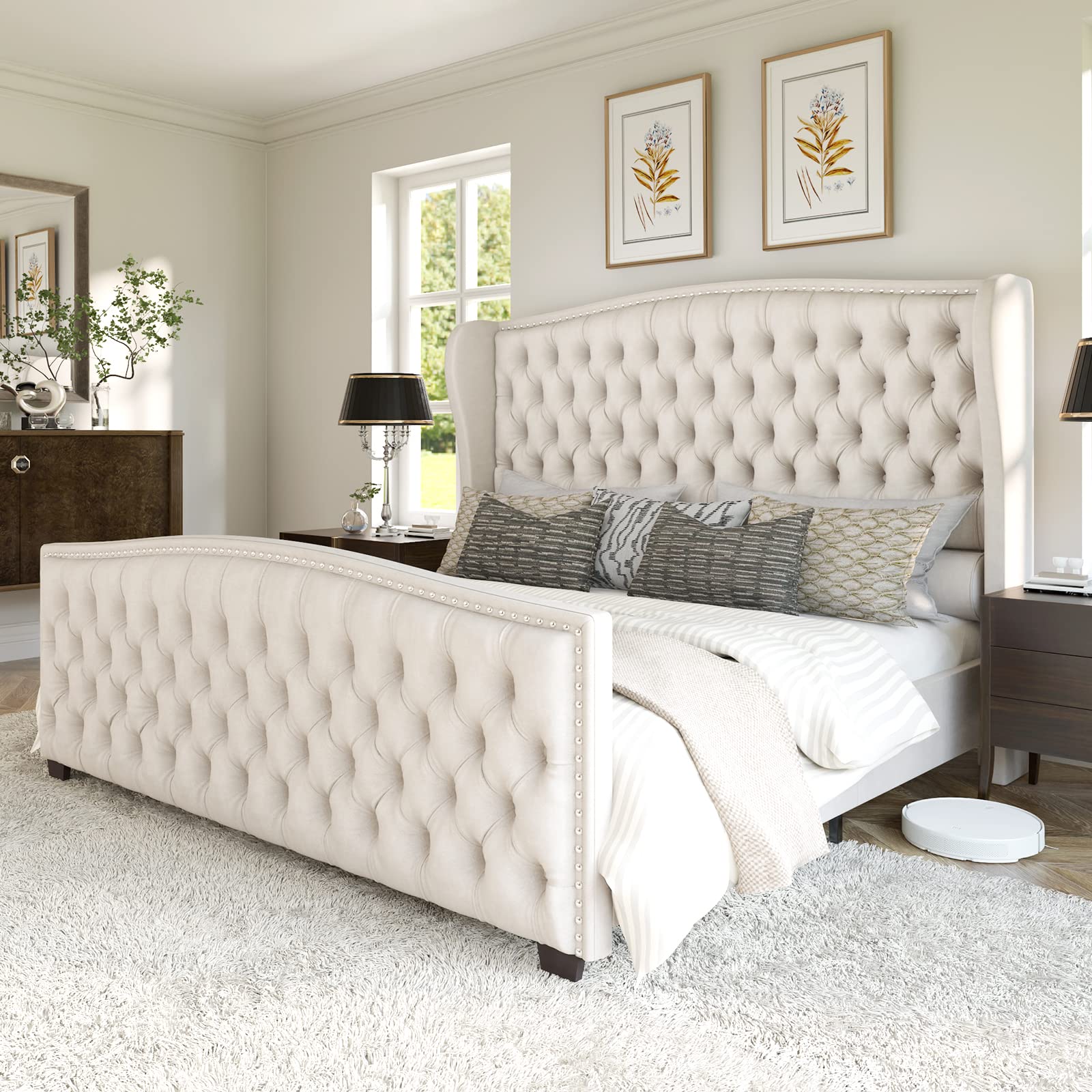 AMERLIFE Queen Size Velvet Upholstered Platform Bed Frame with Button Tufted Headboard & Nailhead Trim - No Box Spring Needed in Cream | Modern Bedroom Furniture for Master Suite, Guest Room & Apartment