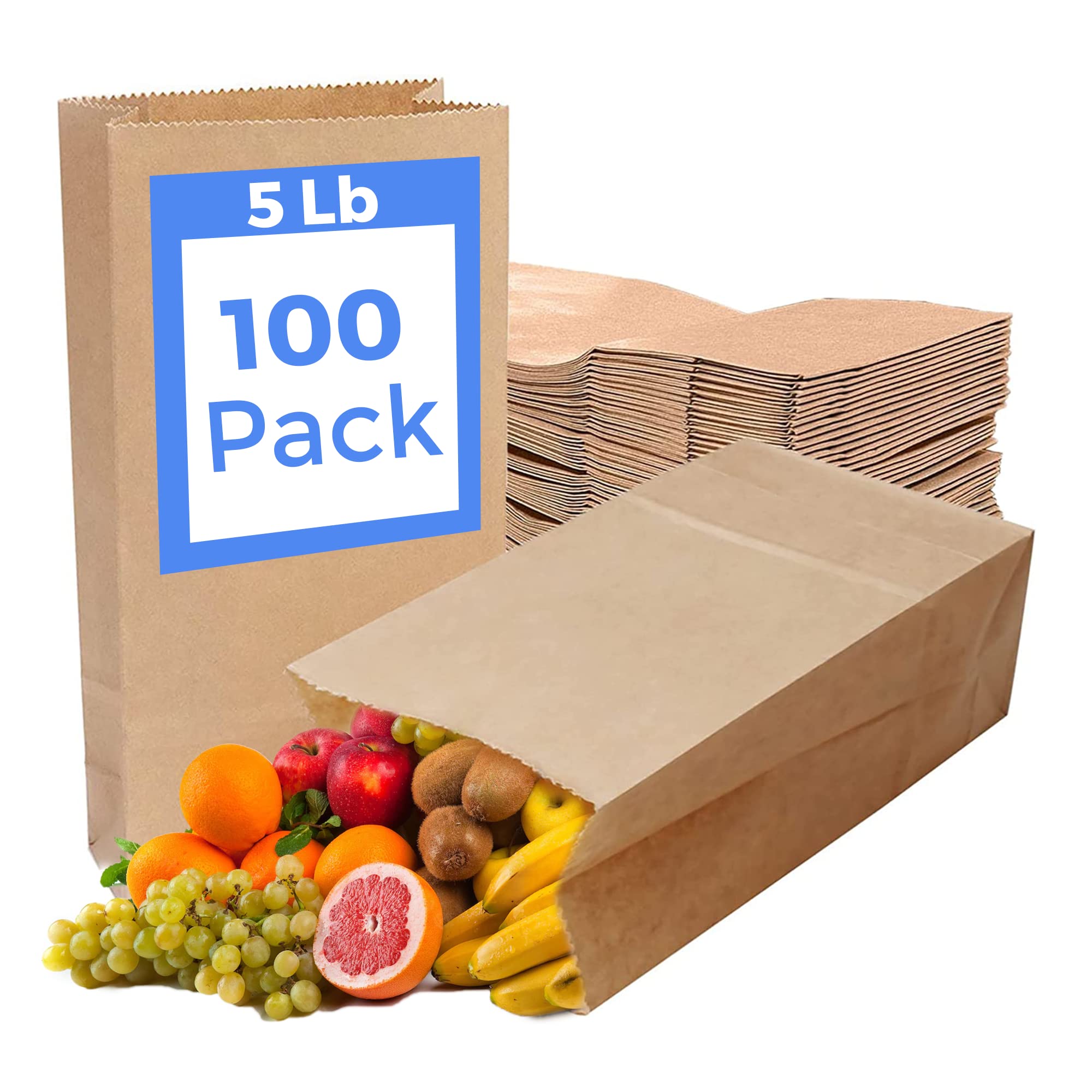 5lb Brown Paper Lunch Bags 100 Count - Eco-Friendly Large Lunch Size Paper Bags for Sandwiches, Snacks & School Meals | Perfect for Kids Lunches, Picnics & Office Meals