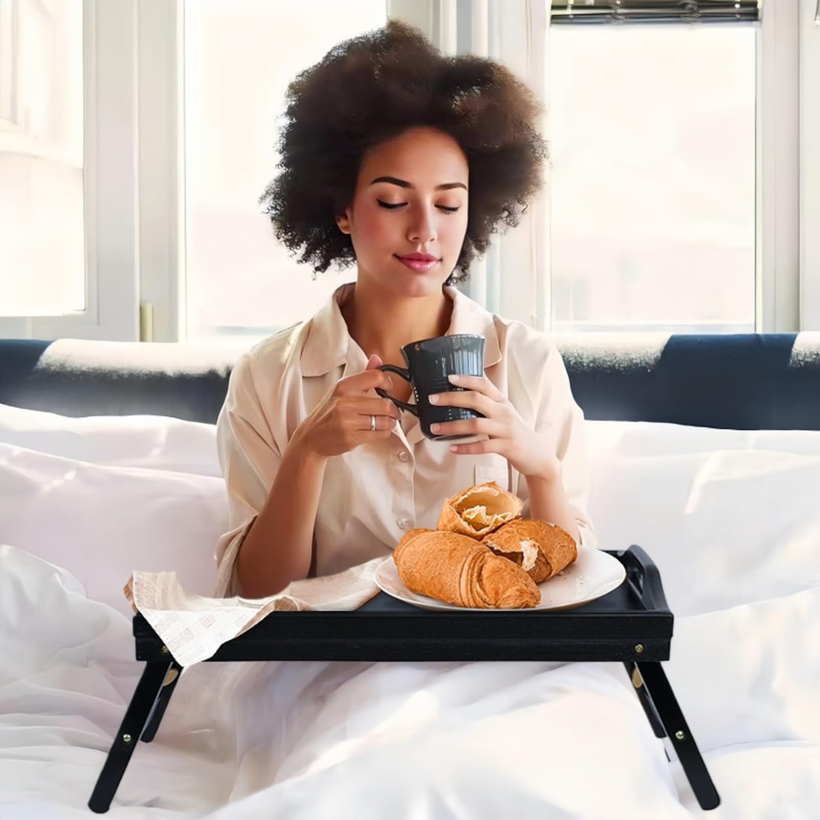 Foldable Wooden Bed Tray Table with Adjustable Legs - Portable Breakfast Serving Tray for Sofa, Bed, Eating, Working & Studying | Perfect for Breakfast in Bed, Laptop Desk, Snack Tray & Home Office (Black)