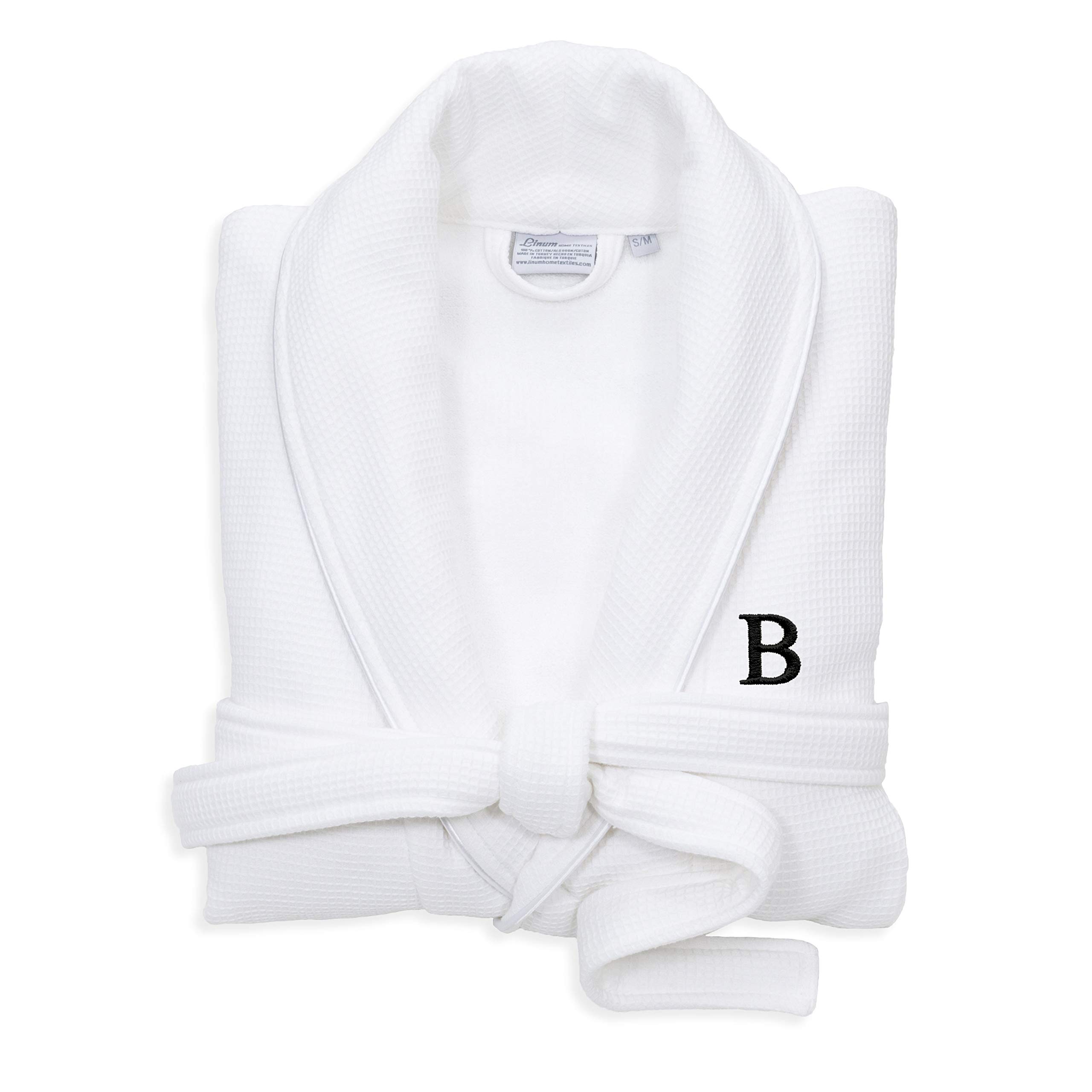 Premium White Unisex Turkish Cotton Waffle Weave Terry Bathrobe with Black Monogram - Soft & Absorbent - Sizes S to XL - Perfect for Spa, Hotel & Home Relaxation