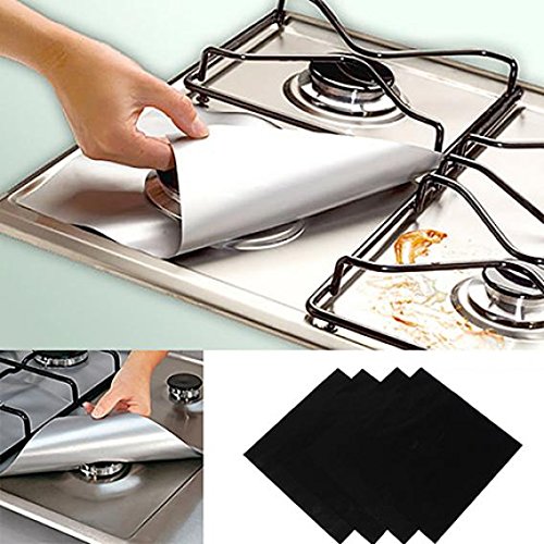 4-Pack Reusable Square Gas Hob Protector Liners - Silver Foil Stove Burner Cover Mats for Easy Cleaning & Cooktop Protection | Ideal for Kitchen Safety & Gas Stove Maintenance