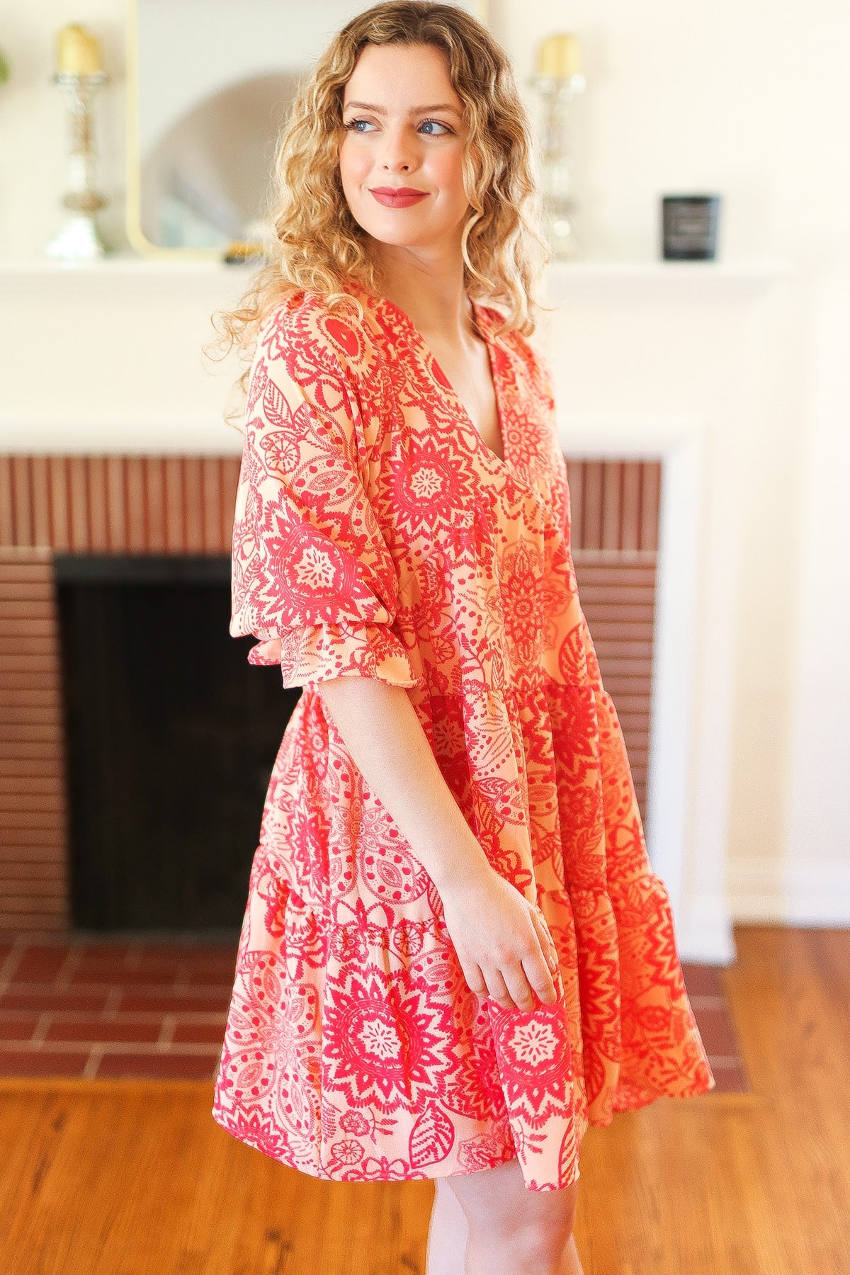 Stylish Peach & Coral Boho Floral V-Neck Dress for Women | Summer Beach Wedding, Vacation & Party Outfit