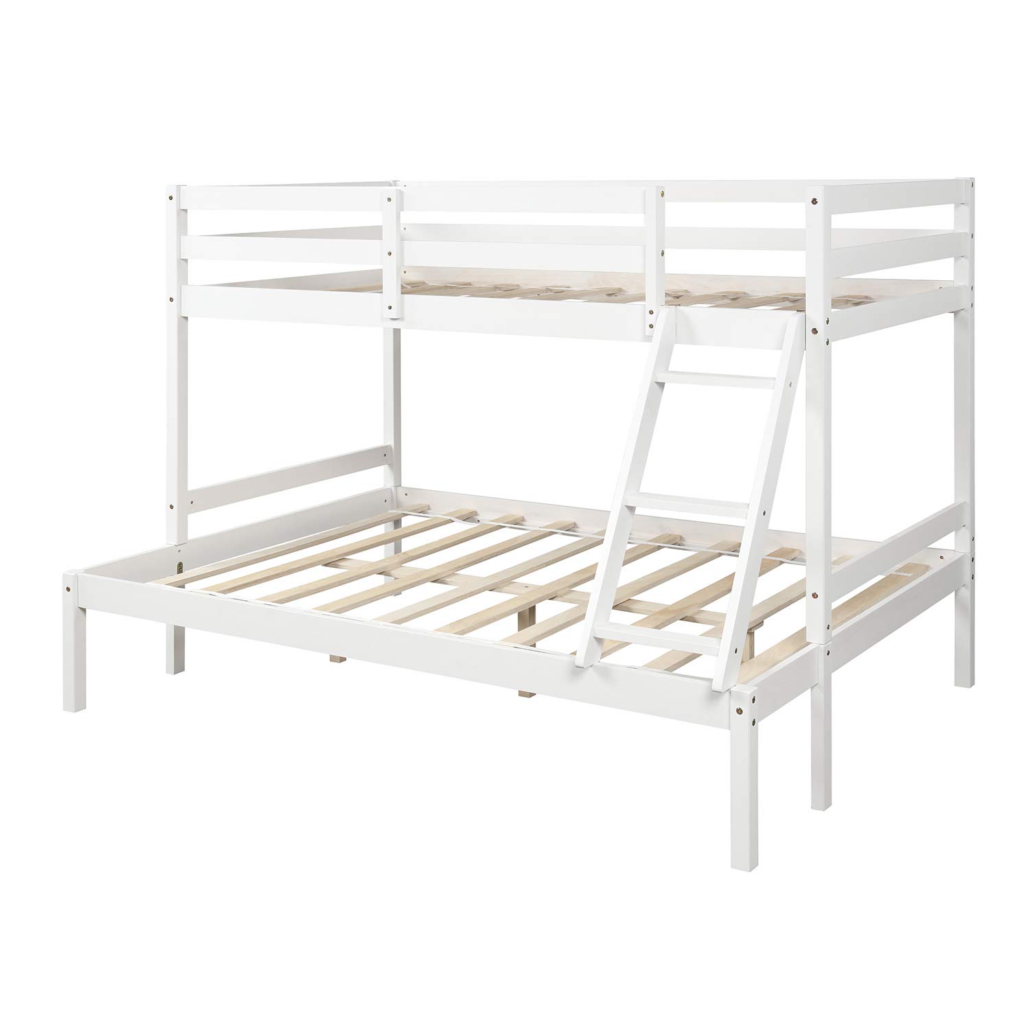 Solid Wood Twin Over Full Bunk Bed with Guardrail & Ladder - Convertible to Twin Loft Bed or Full Size Bed - Wood Slat Support - No Box Spring Needed (White) - Perfect for Kids' Rooms, Guest Rooms & Space-Saving Bedroom Solutions