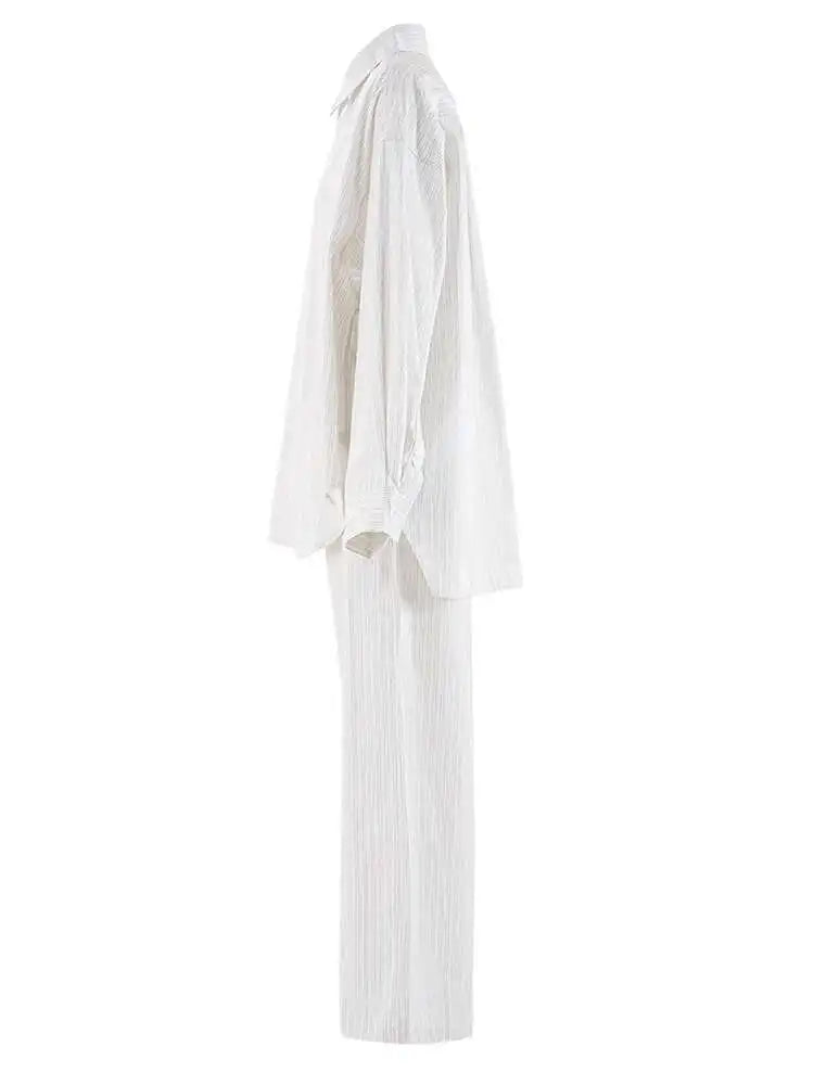 Big Size Striped Shirt & Wide Leg Pants Two-Piece Suit for Women | Lapel Long Sleeve Fashion Set | Spring Autumn 2025 Trendy Outfit | CPG19730 | Perfect for Office, Dating & Casual Wear