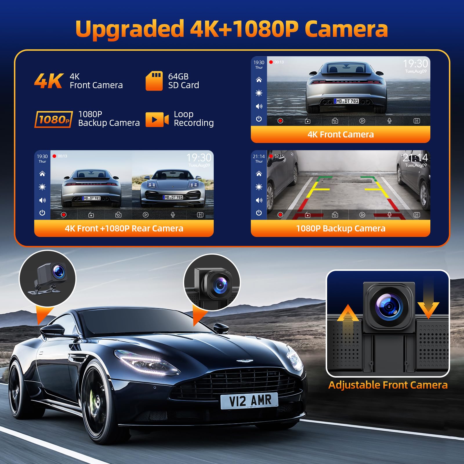 Volam 9 Inch Wireless CarPlay Android Auto Car Stereo with 4K Dash Cam, 1080P Rearview Camera, Bluetooth 5.0, GPS, Voice Assistant, Mirror Link, AUX, FM, 64GB TF Card – Perfect for Road Trips, Commuting & Hands-Free Driving