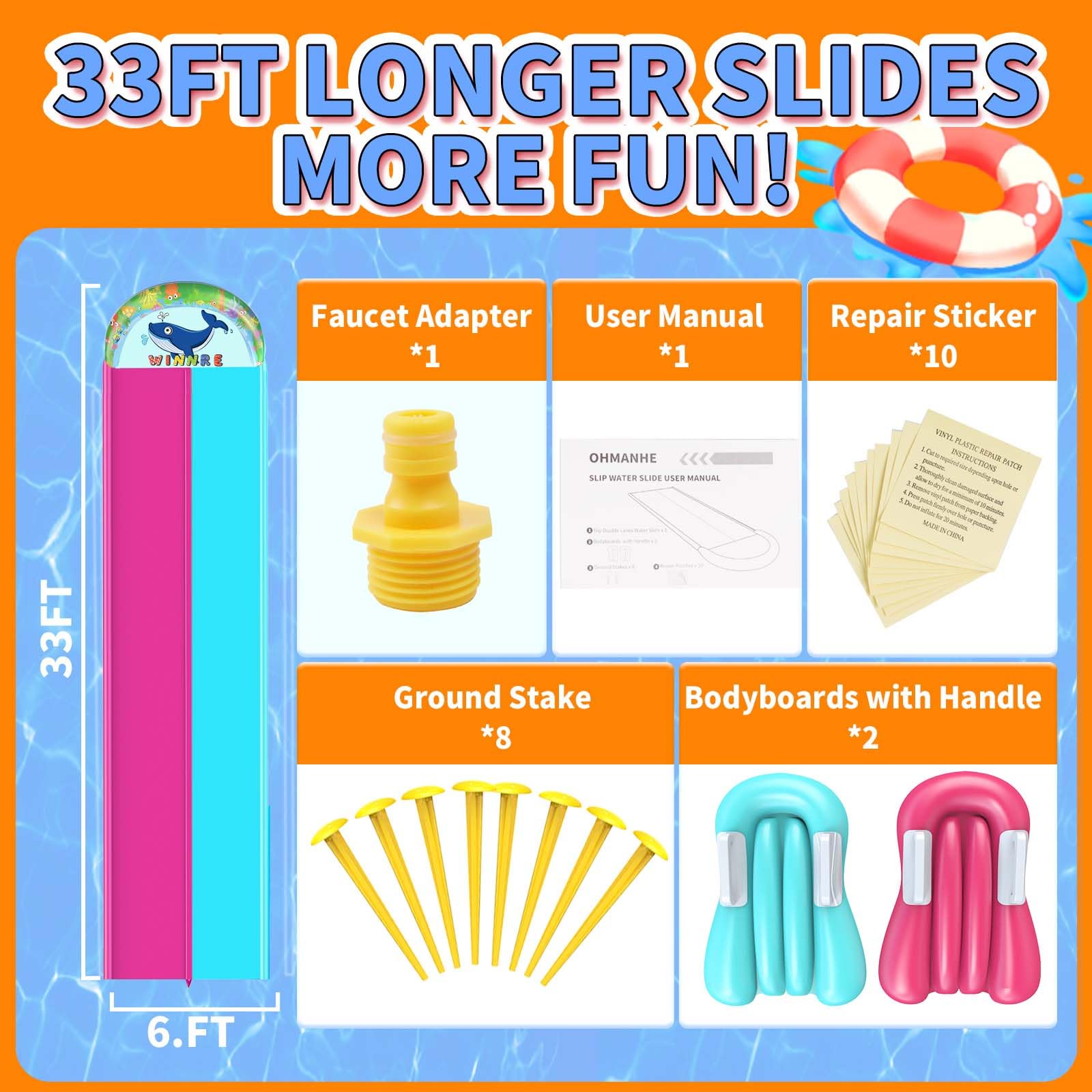 33FT x 6FT Extra Long Double Lane Inflatable Water Slide for Kids & Adults - Heavy Duty Backyard Water Park with Sprinkler System, 2 Inflatable Bodyboards & Safety Crash Pad - Perfect for Summer Parties, Family Gatherings & Outdoor Water Play Activities