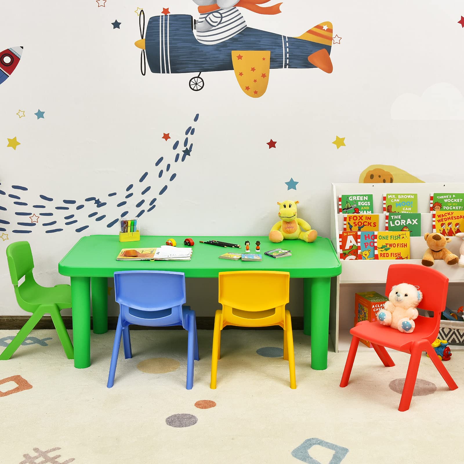 KOTEK Kids Plastic Table and Chair Set - 4 Stackable Chairs with Green Activity Table, Colorful Playroom Furniture for Learning & Fun | Perfect for Preschool, Daycare & Home Play Areas