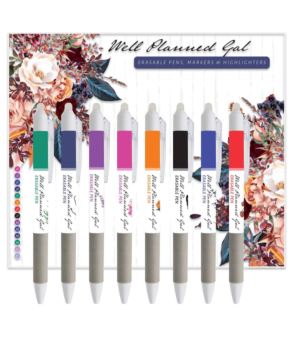 Well Planned Gal Erasable Pens, Markers & Highlighter Set - Perfect for School, Office & Planner Organization | 12-Piece Colorful Writing Kit
