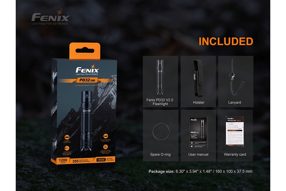 Fenix PD32 V2.0 LED Flashlight - 1000 Lumens, Rechargeable, Compact Tactical Light for Camping, Hiking & Emergency Use