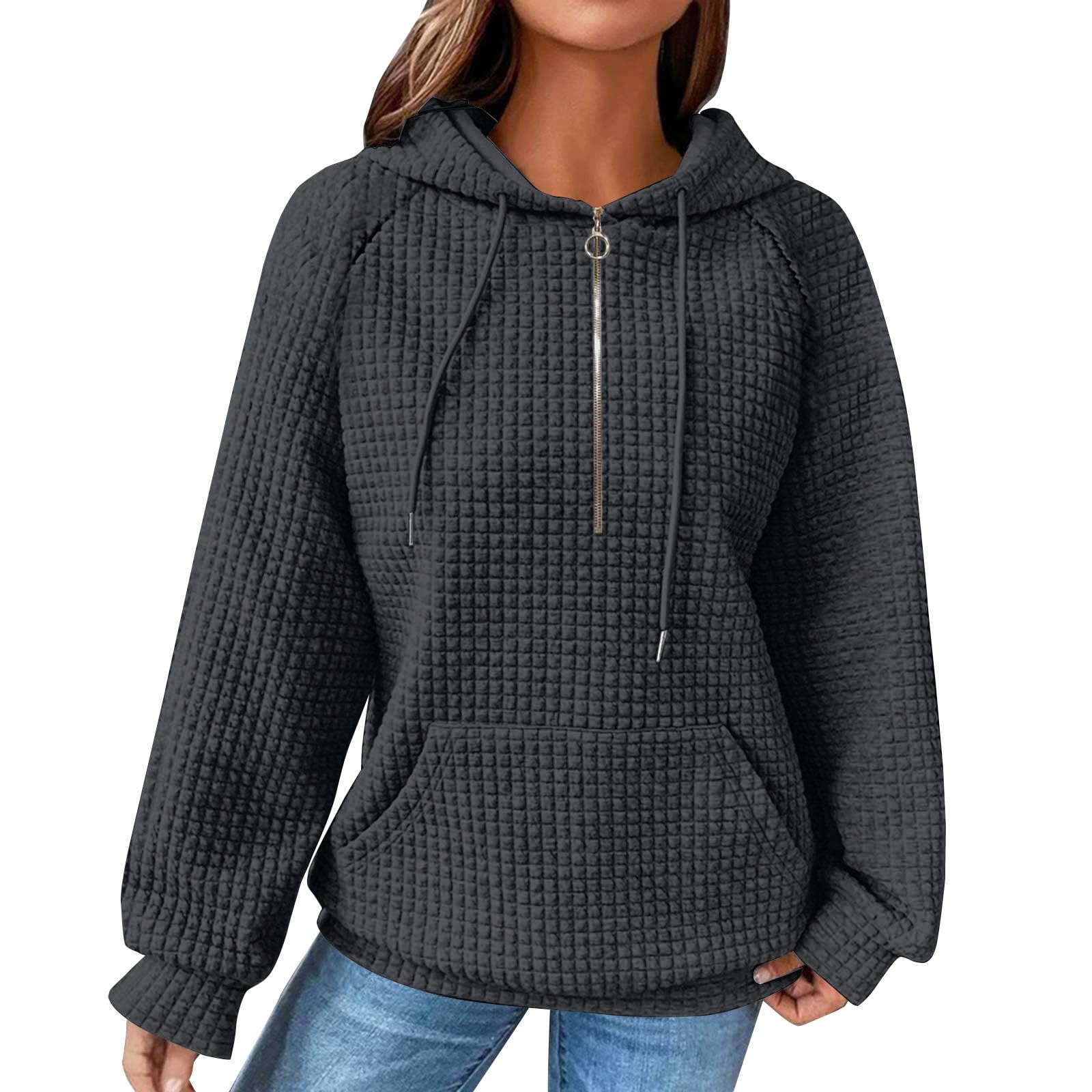 Trendy Women's Waffle Hooded Sweatshirt with Pockets & Zipper - Loose Fit Casual Long Sleeve Pullover for Fall Fashion, Lounge Wear & Outdoor Activities