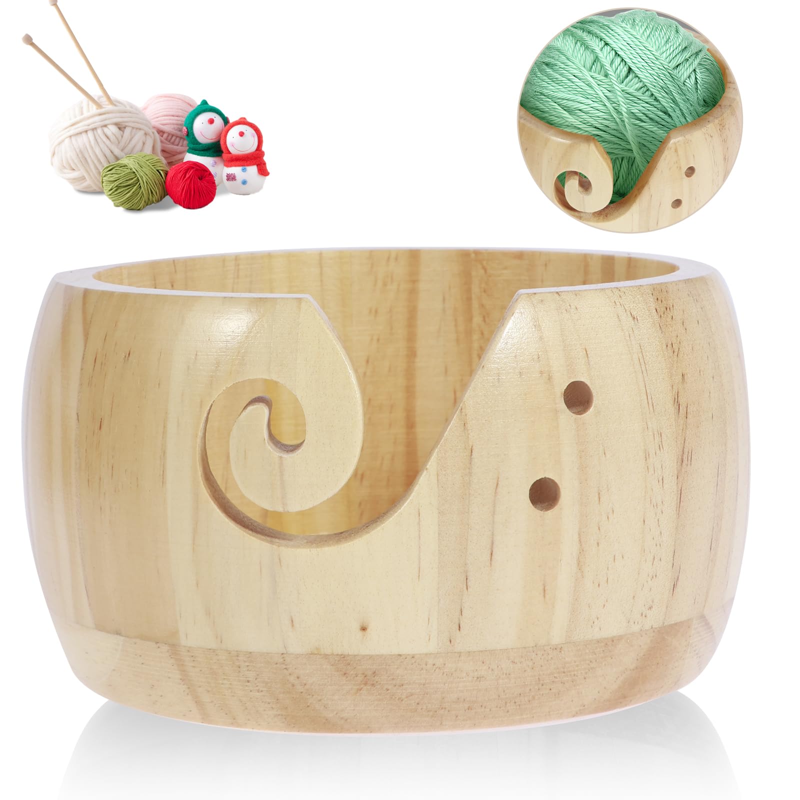 Premium Wooden Yarn Bowl for Knitting & Crocheting - Natural Pine Yarn Holder with Carved Holes, 5.9