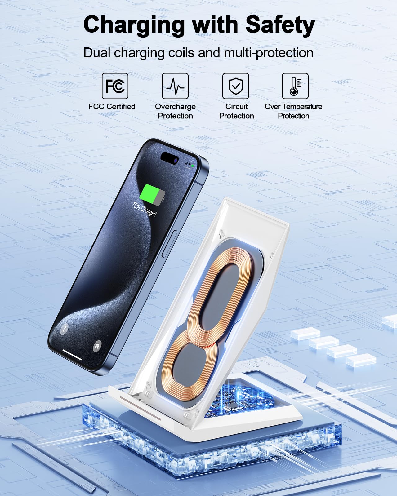 NANAMI Fast Wireless Charger Stand - Qi Certified 20W PD & 7.5W iPhone 16/15/14/13/12, 10W Samsung Galaxy S25/S24/S23/S22 - Perfect for Home, Office & Nightstand Charging