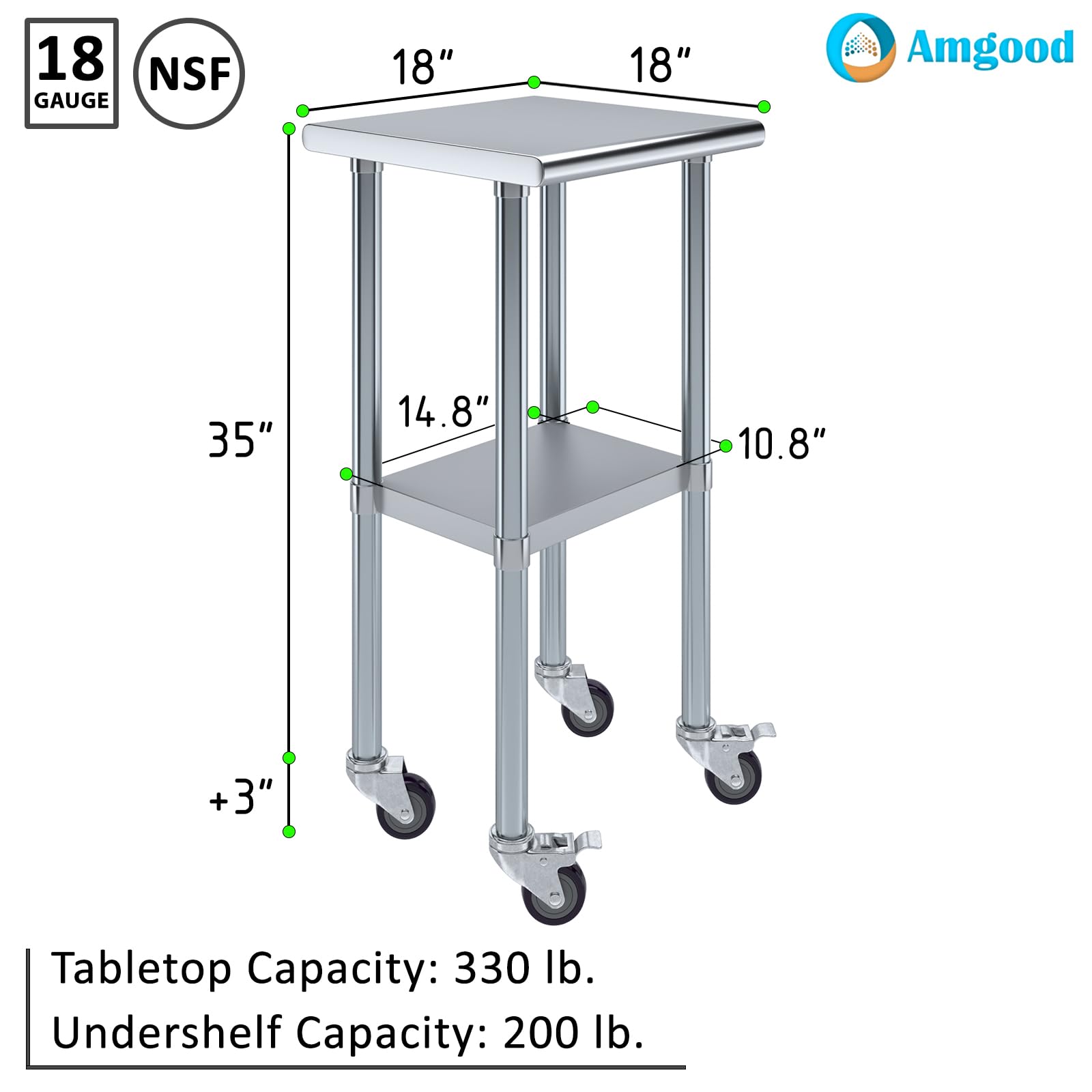 AmGood 18x18 Inch Stainless Steel Rolling Utility Table with Locking Casters - Heavy Duty Workbench for Kitchen, Garage, Workshop & Commercial Use
