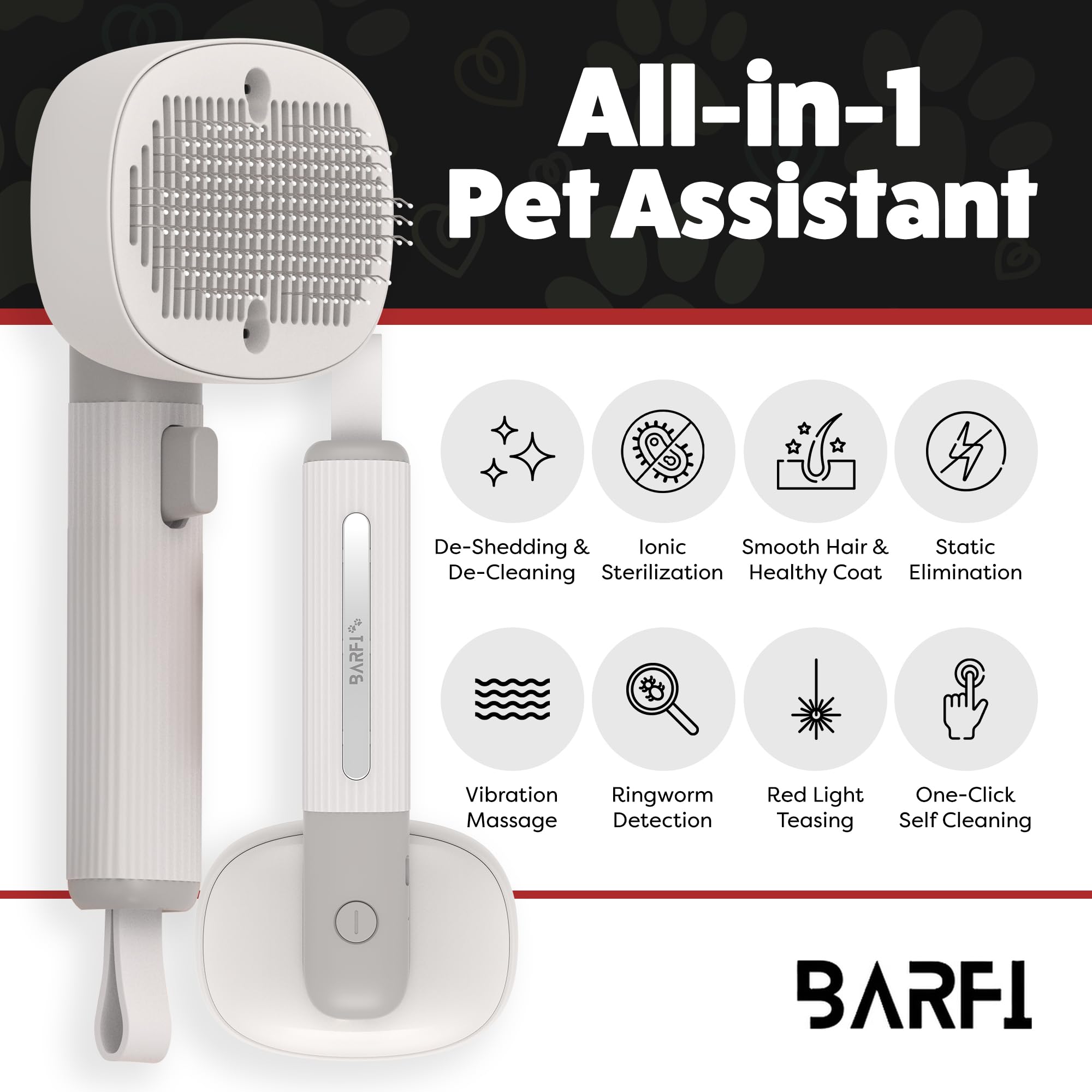 Self-Cleaning Pet Brush - BARFI Shedding Tool with Massager for Cats & Dogs - Home Grooming Essential