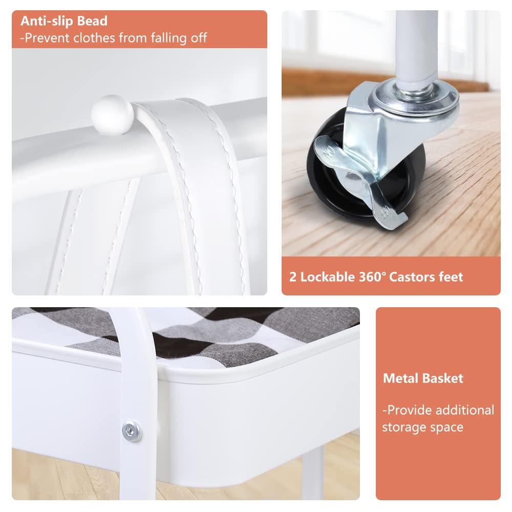 White Portable Clothing Rack - 2-in-1 Rolling Garment Organizer with Metal Baskets & Hanging Rack | Mobile Laundry Cart & Small Wardrobe on Wheels for Bedroom, Closet & Dorm Organization | Space-Saving Storage Solution for Clothes, Shoes & Accessories