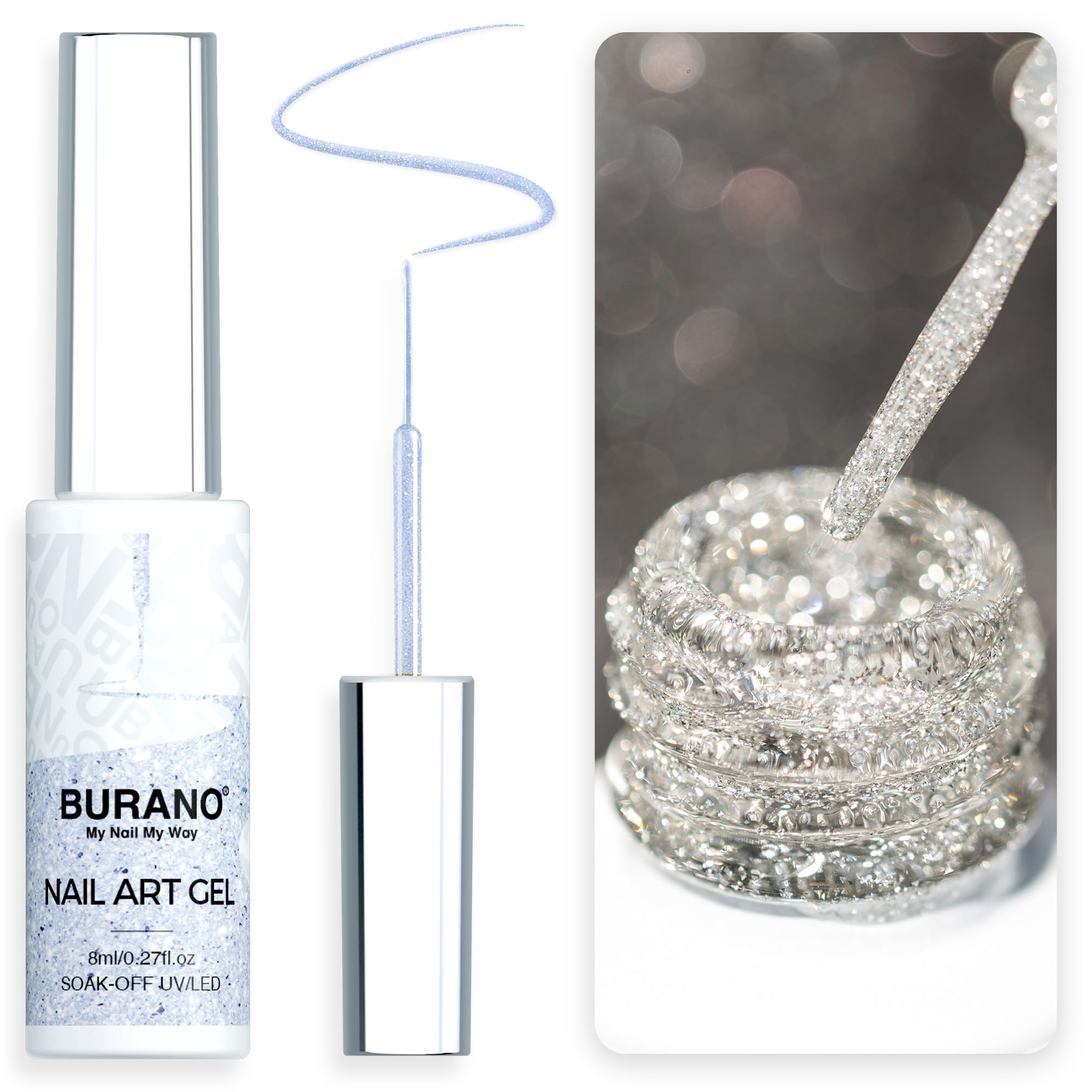 BURANO Holographic Gel Nail Polish - Reflective Glitter Nail Art Liner with Thin Brush, Chrome Gel Polish for Nail Designs (8ml, Curing Required) - Perfect for Salon, DIY Manicures & Special Occasions