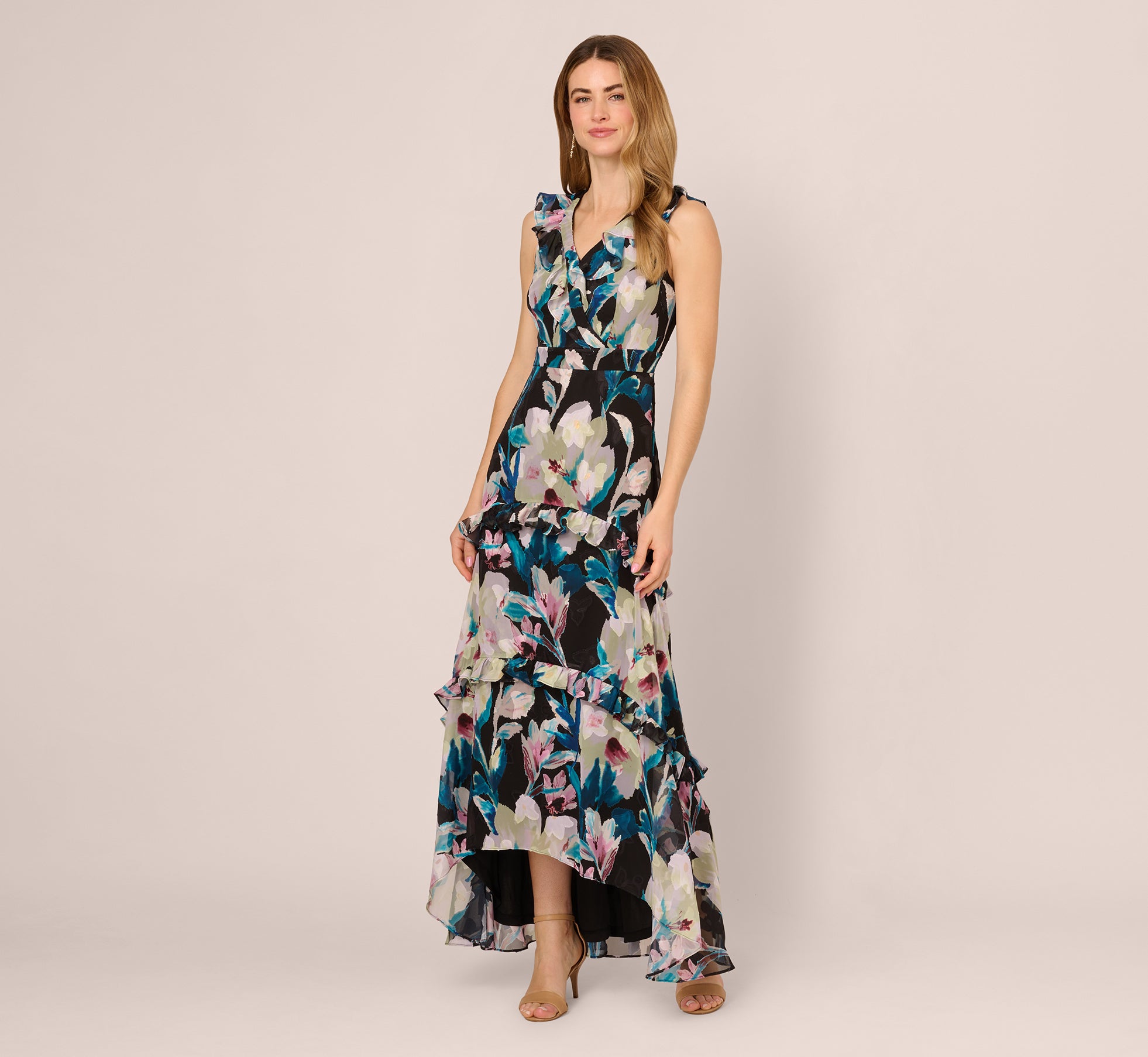 Elegant Black & Multi-Color Floral Chiffon Sleeveless High-Low Ruffle Evening Gown - Perfect for Prom, Cocktail Parties & Summer Weddings