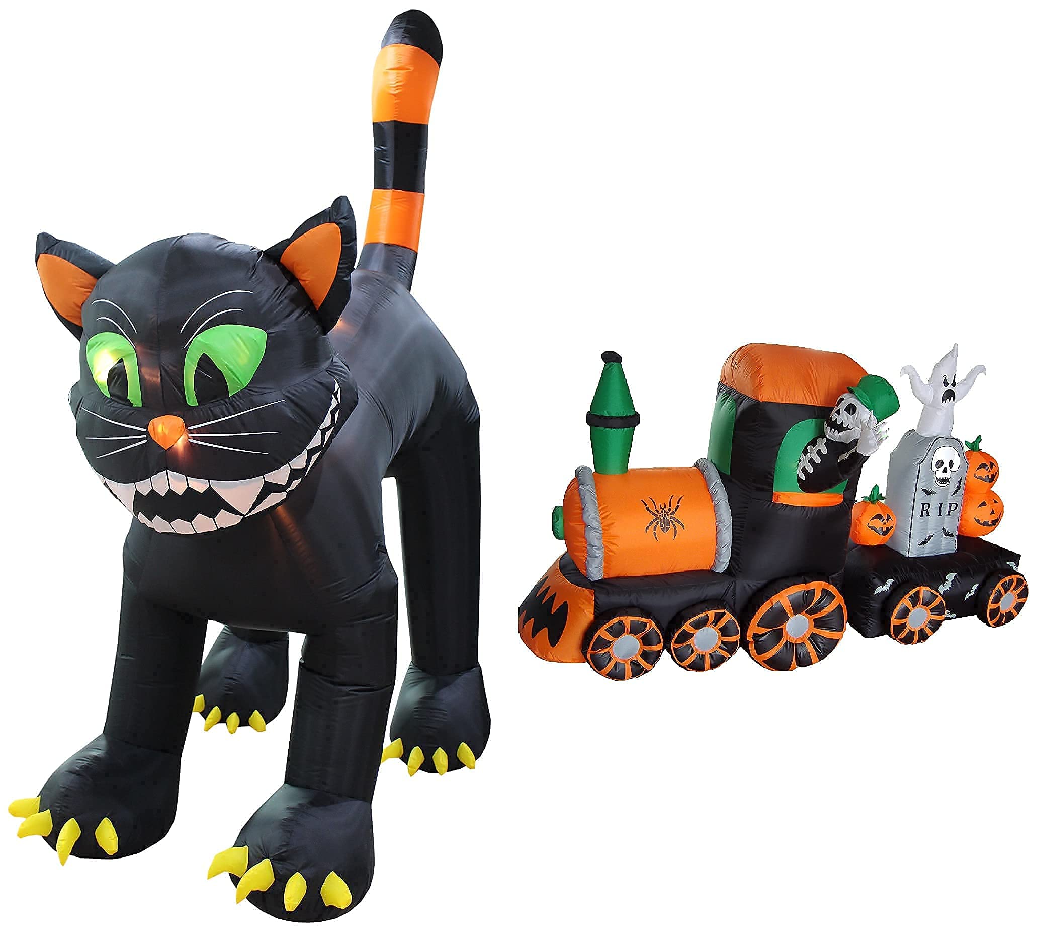 11FT Giant Animated Inflatable Black Cat & 7FT Skeleton Train Halloween Decorations Set with Ghost Tombstone & LED Lights - Outdoor Party Yard Decor for Halloween, Haunted House & Spooky Events