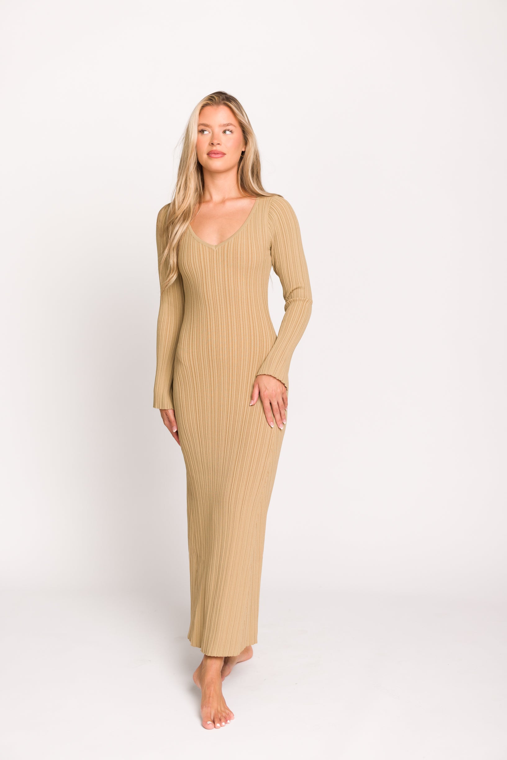 Keaton Knit Maxi Dress - V Neckline Beige Women's Long Dress | Perfect for Summer, Beach, Vacations & Casual Outings
