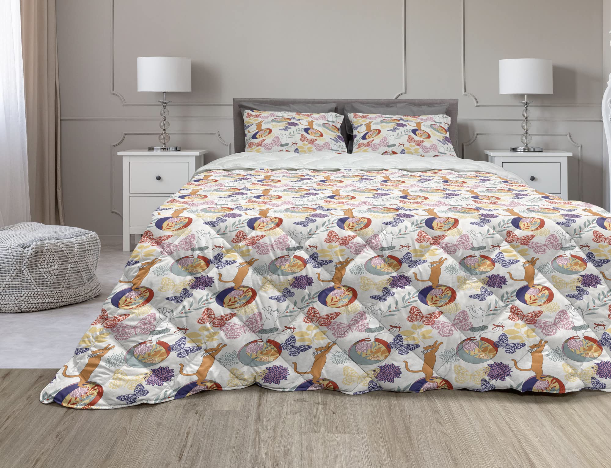 Ambesonne 3-Piece Animals Comforter Set with Ornate Cats, Balls, and Colorful Butterflies Pattern - Full Size Microfiber Duvet Cover & Sham - Persian Orange Multicolor - Perfect for Kids' Rooms, Guest Bedrooms, and Cat Lovers' Decor