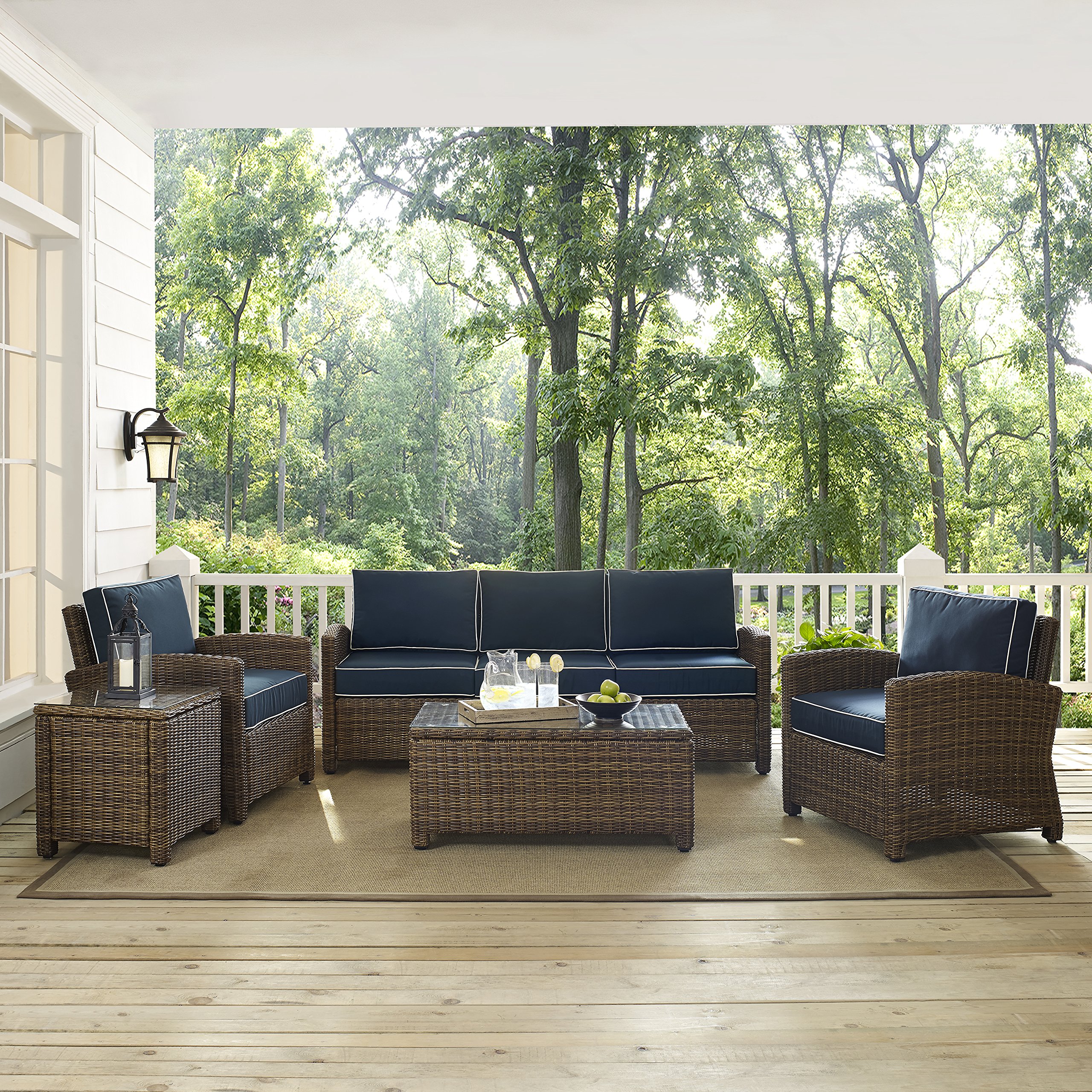 Crosley Bradenton 5-Piece Outdoor Wicker Sofa Set with Navy Cushions - Patio Furniture Conversation Set for Porch, Deck & Backyard (Brown)