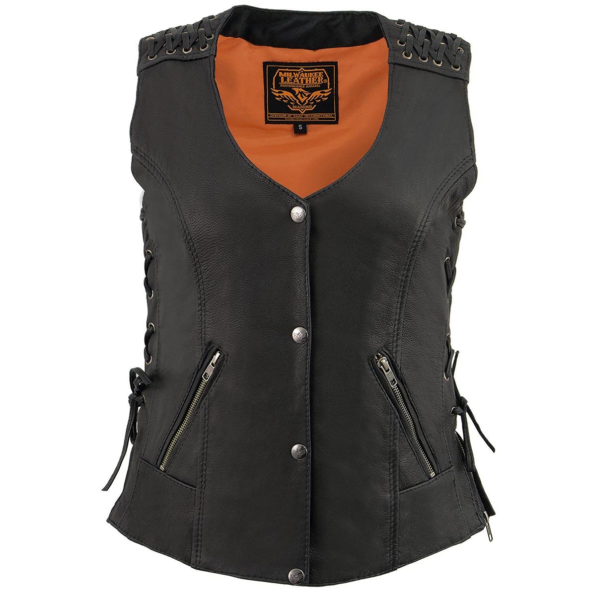 Milwaukee Leather MLL4525 Women's Black Leather Motorcycle Vest - Lightweight Lace-to-Lace Design with Lower Zip Expansion - Perfect for Riding, Biker Events & Casual Outfits