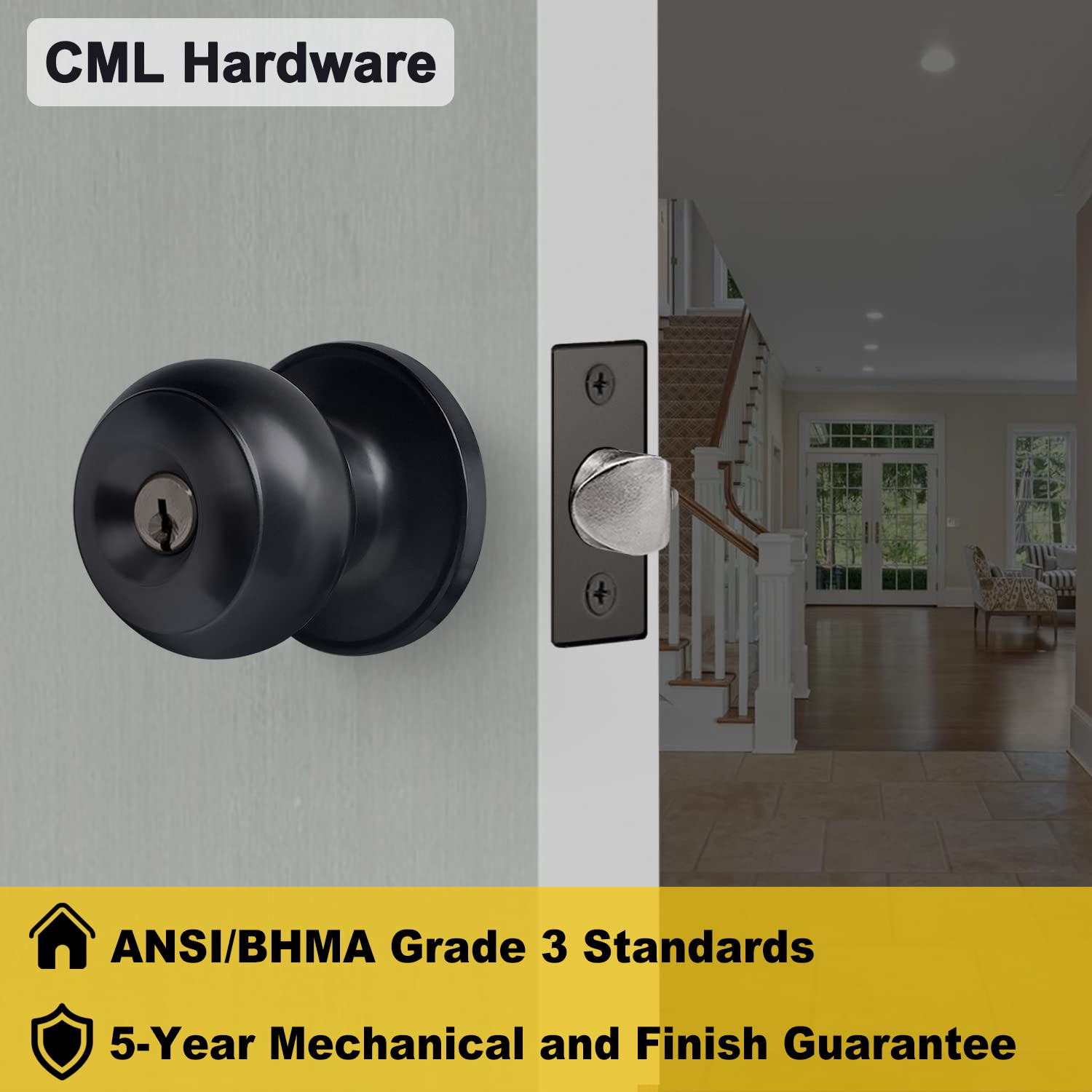 Matte Black Entry Door Knob with Lock - 2 Pack for Front/Back Doors