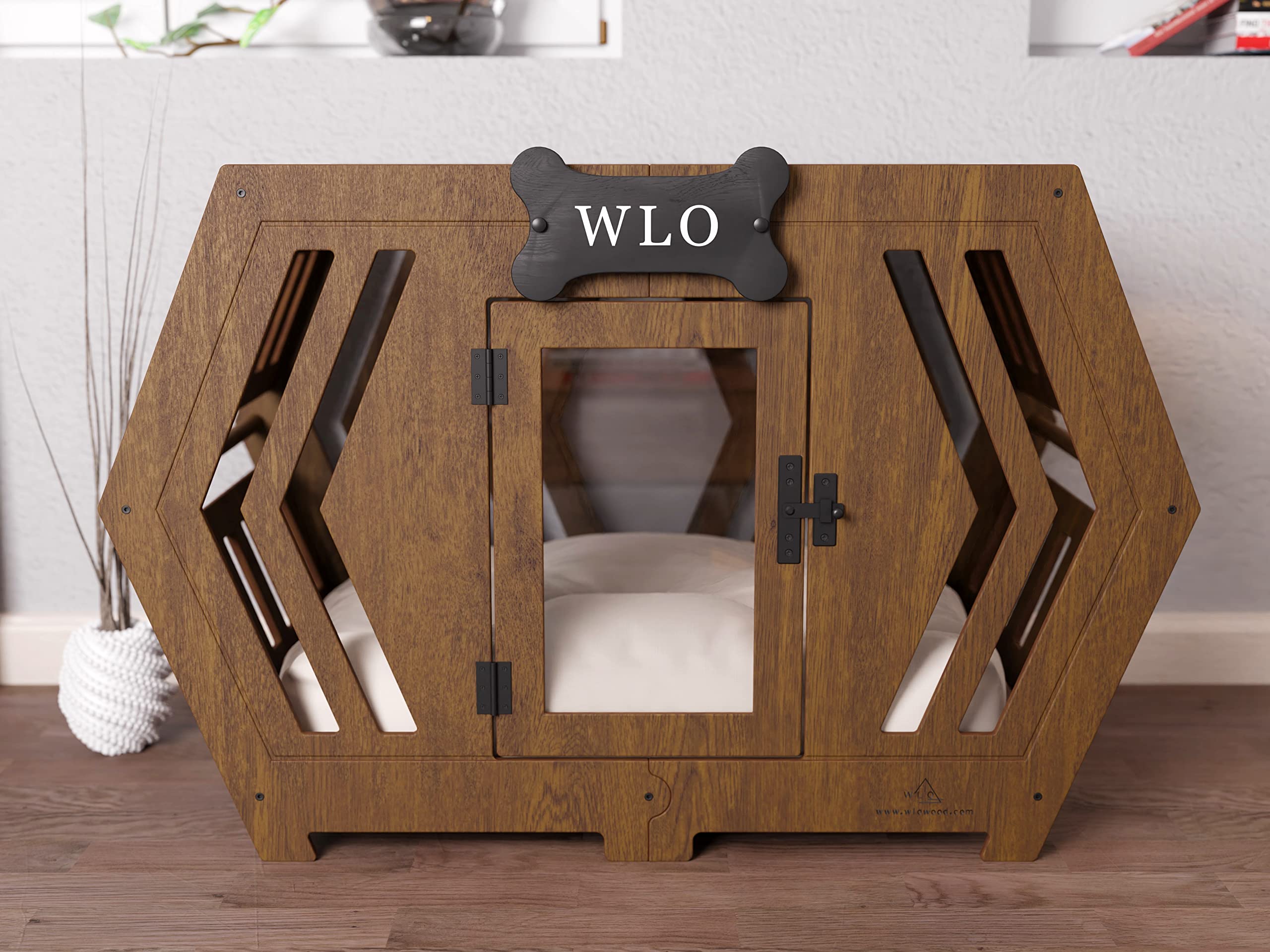 Hexxon Modern Wooden Dog Crate & Kennel with Comfortable Bed - Stylish Pet House Furniture for Indoor/Outdoor Use - Perfect for Living Rooms, Bedrooms, Patios & Backyards