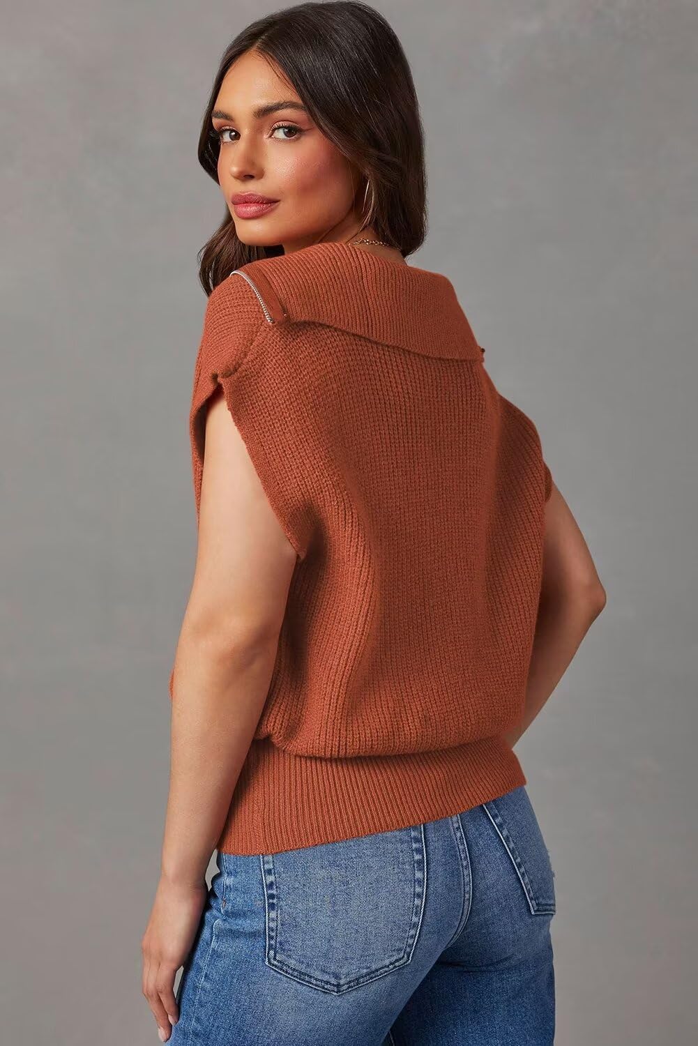 Dokotoo Women's Casual Sleeveless Half Zip Pullover Sweater - Solid V Neck Collar Ribbed Knit Loose Fit Top for Spring/Fall Layering, Office Wear & Weekend Outfits