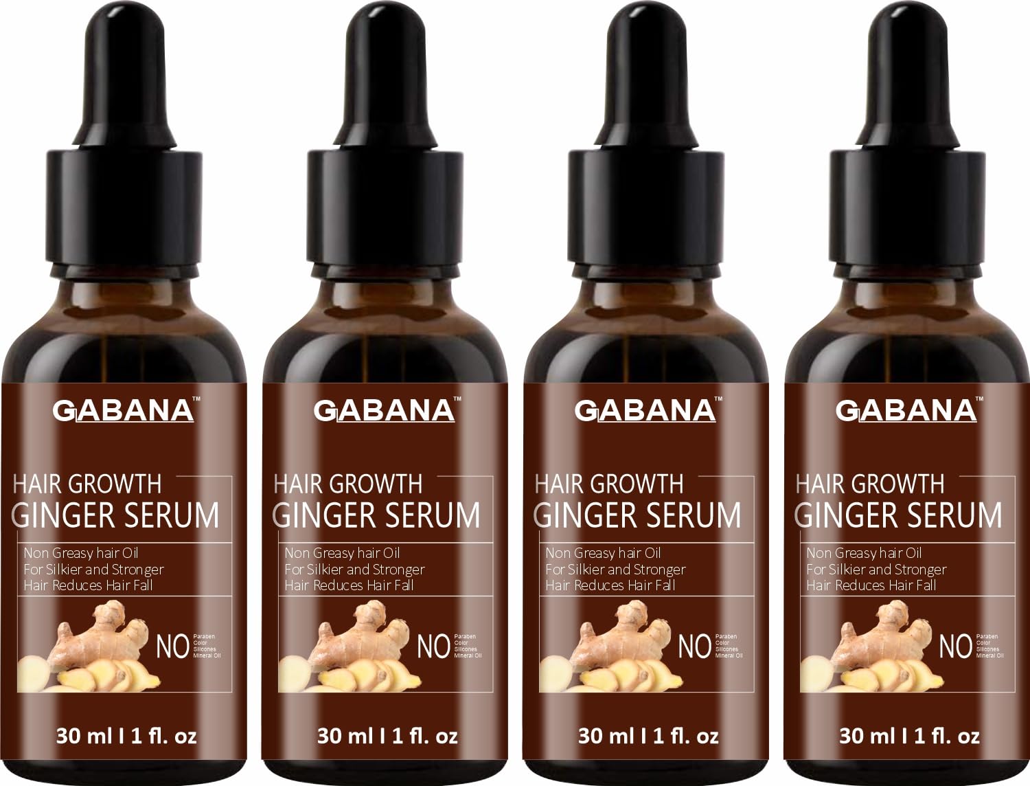 GABANA Hair Growth Ginger Serum for Men & Women - 4 Pack (30ml Each) | Natural Hair Growth Treatment for Strong, Silky Hair | Reduces Hair Fall & Frizz | Perfect for Daily Hair Care & Scalp Nourishment