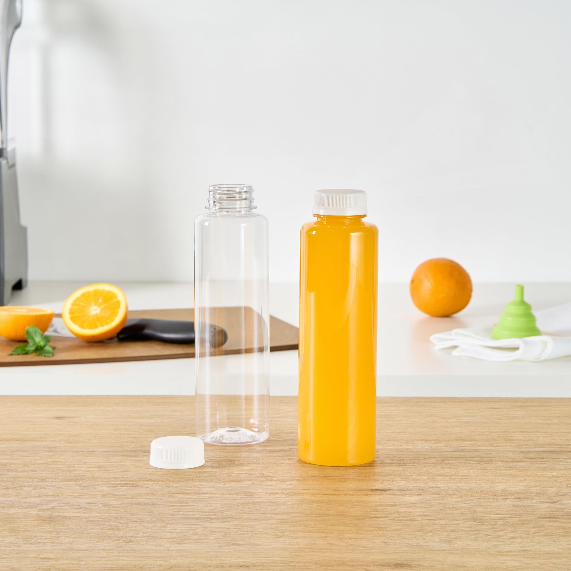16oz Clear Plastic Juice Bottles with White Caps - 100 Pack Disposable Round Juice Containers for Juicing, Smoothies, Cold Brew & Beverages - Perfect for Juice Shops, Cafes, Restaurants & Home Use