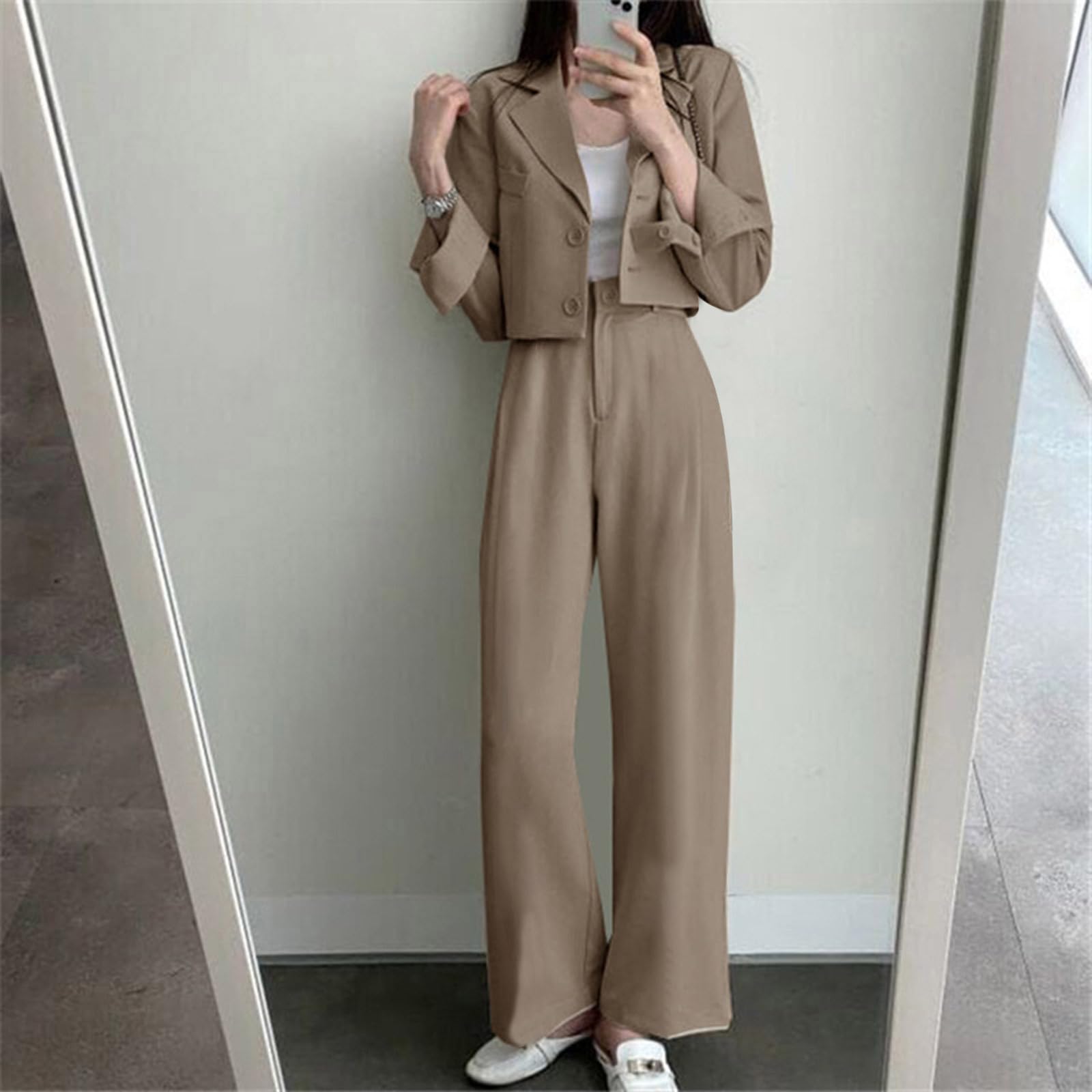 Women's Casual Two-Piece Suit Set - Blazer Jacket & Wide Leg Pants with Pockets | Lounge Wear, Office Outfit, Travel Matching Sets for Comfort & Style