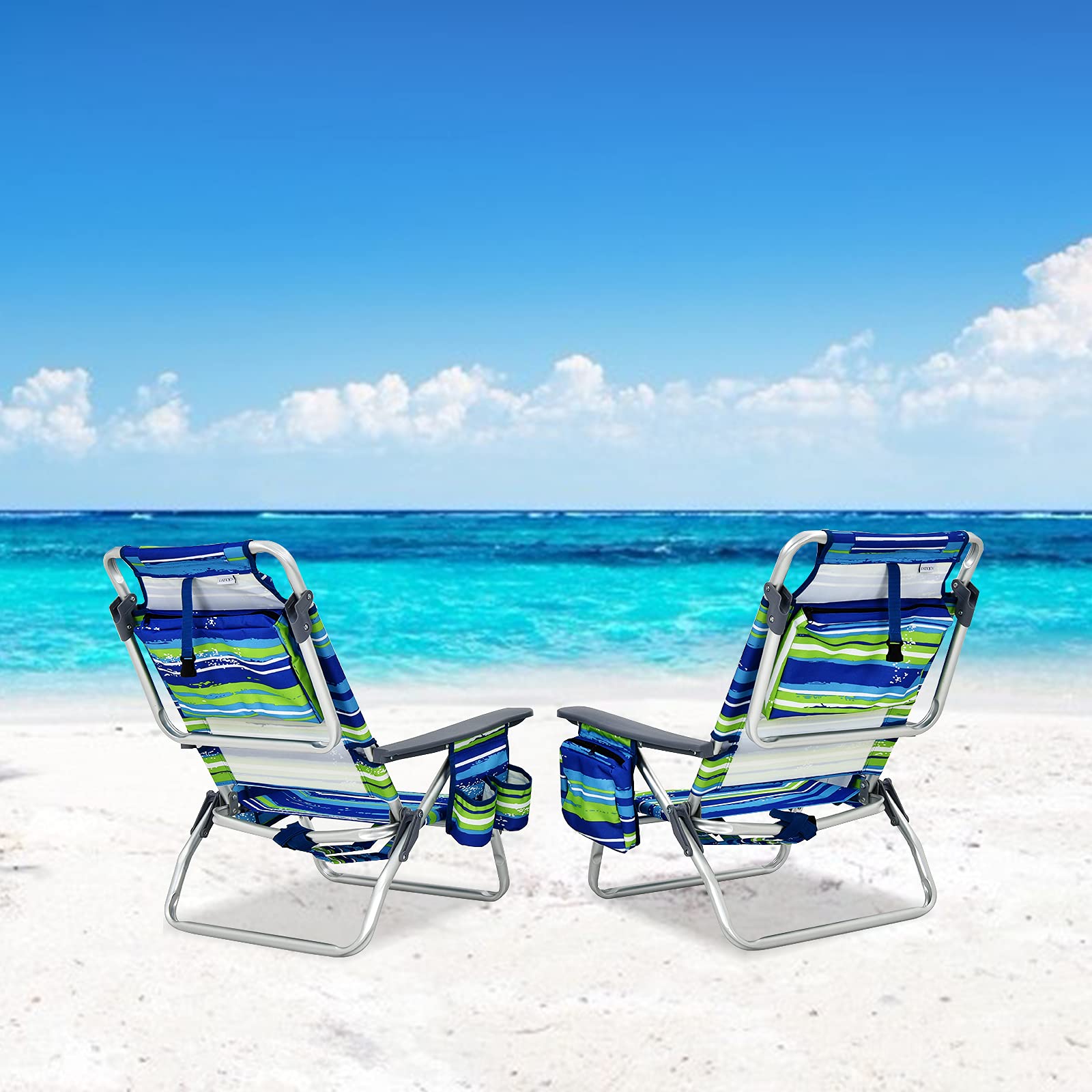 Goplus Folding Beach Chair for Adults - 5-Position Adjustable Backpack Chair with Head Pillow, Cooler Bag, Towel Bar & Cup Holders - Portable Sunbathing Lounge Chair for Beach, Poolside, Camping & Outdoor Relaxation