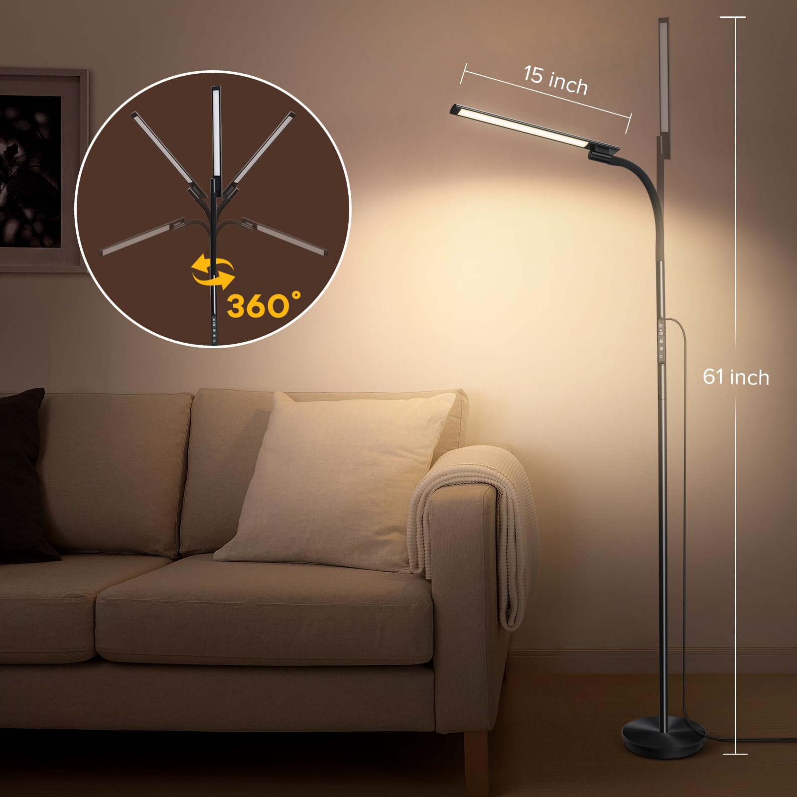 Modern LED Floor Lamp with Remote & Touch Control - Adjustable Gooseneck Standing Light with 5 Color Temperatures & 5 Brightness Levels, Night Light Feature - Perfect for Living Room, Bedroom, Office Reading & Ambient Lighting