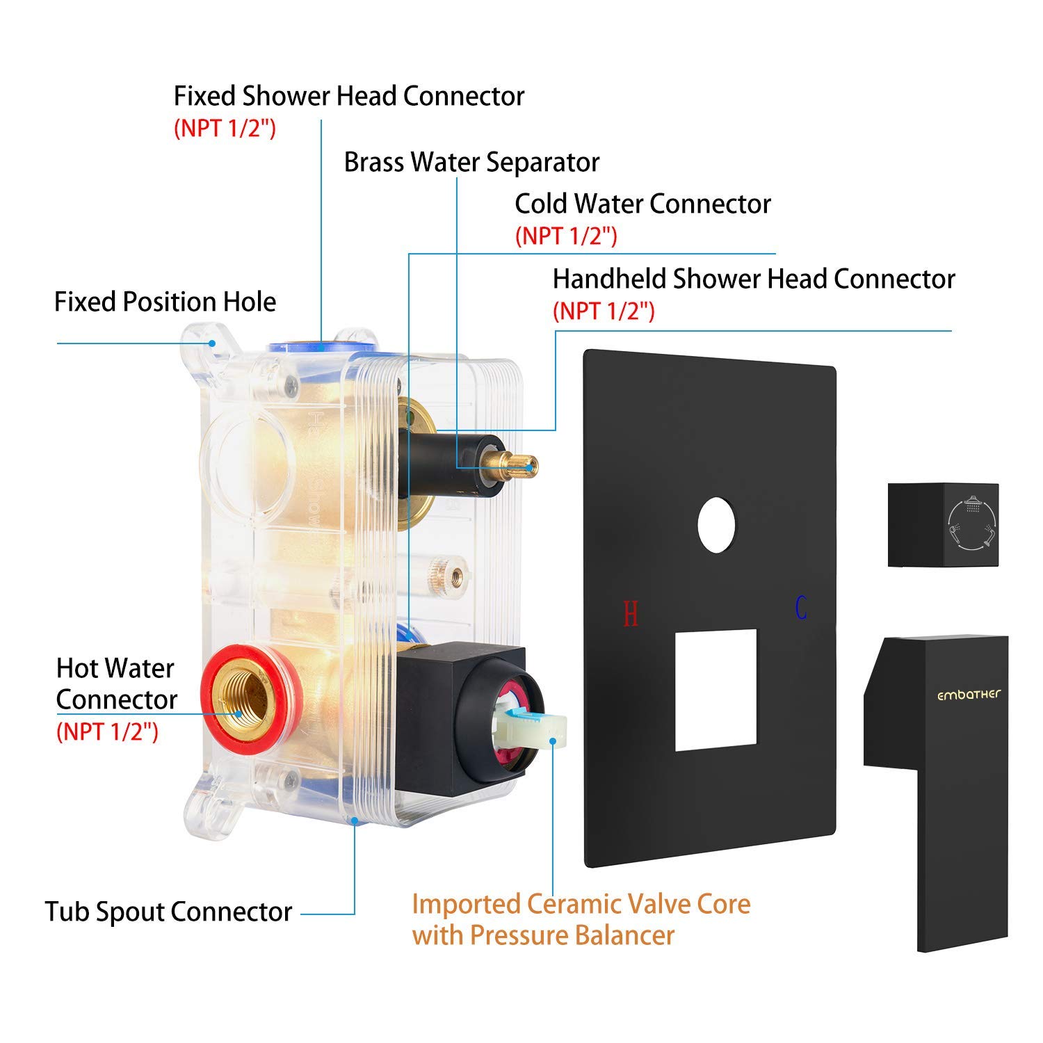 EMBATHER 12 Inch Matte Black Shower System with Tub Spout - Wall Mounted Rainfall Shower Head & Handheld Sprayer, Complete Shower Valve & Trim Kit for Bathroom Renovation | Perfect for Master Bath, Guest Bath & Spa-Like Shower Experience
