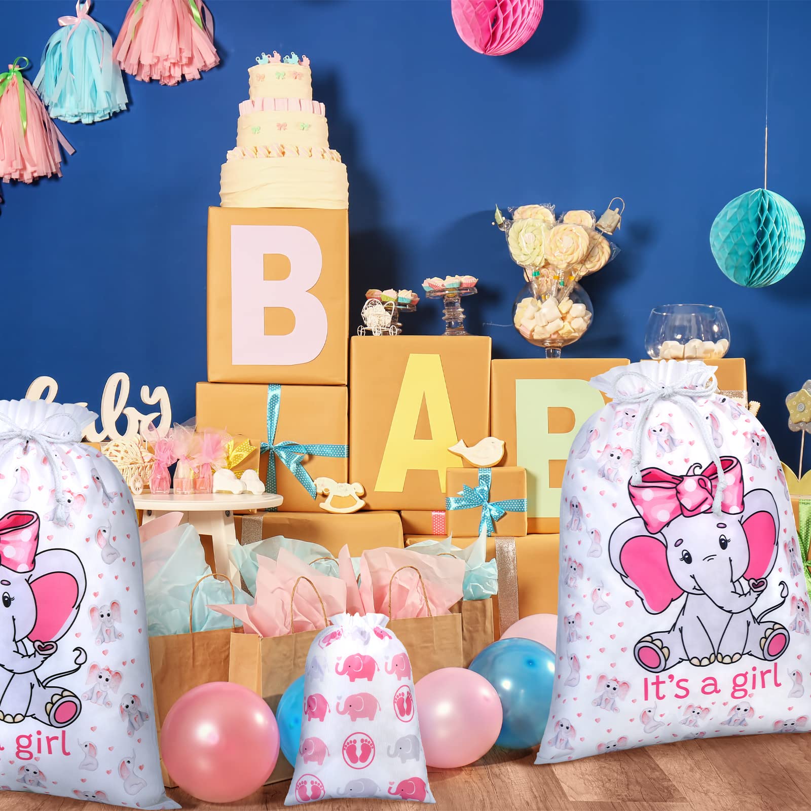 4 Pcs Pink Elephant Drawstring Fabric Gift Bags for Baby Showers, Gender Reveal & Birthday Parties - Perfect for Baby Girl Shower Favors, Treat Wraps & Party Decorations
