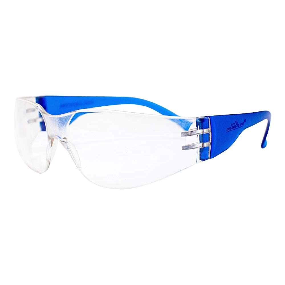 BISON LIFE Clear Polycarbonate Safety Glasses - Impact & Ballistic Resistant Lens, Blue Temple (12 Boxes, 144 Pairs) - Ideal for Construction, Woodworking, Shooting & Industrial Safety Use