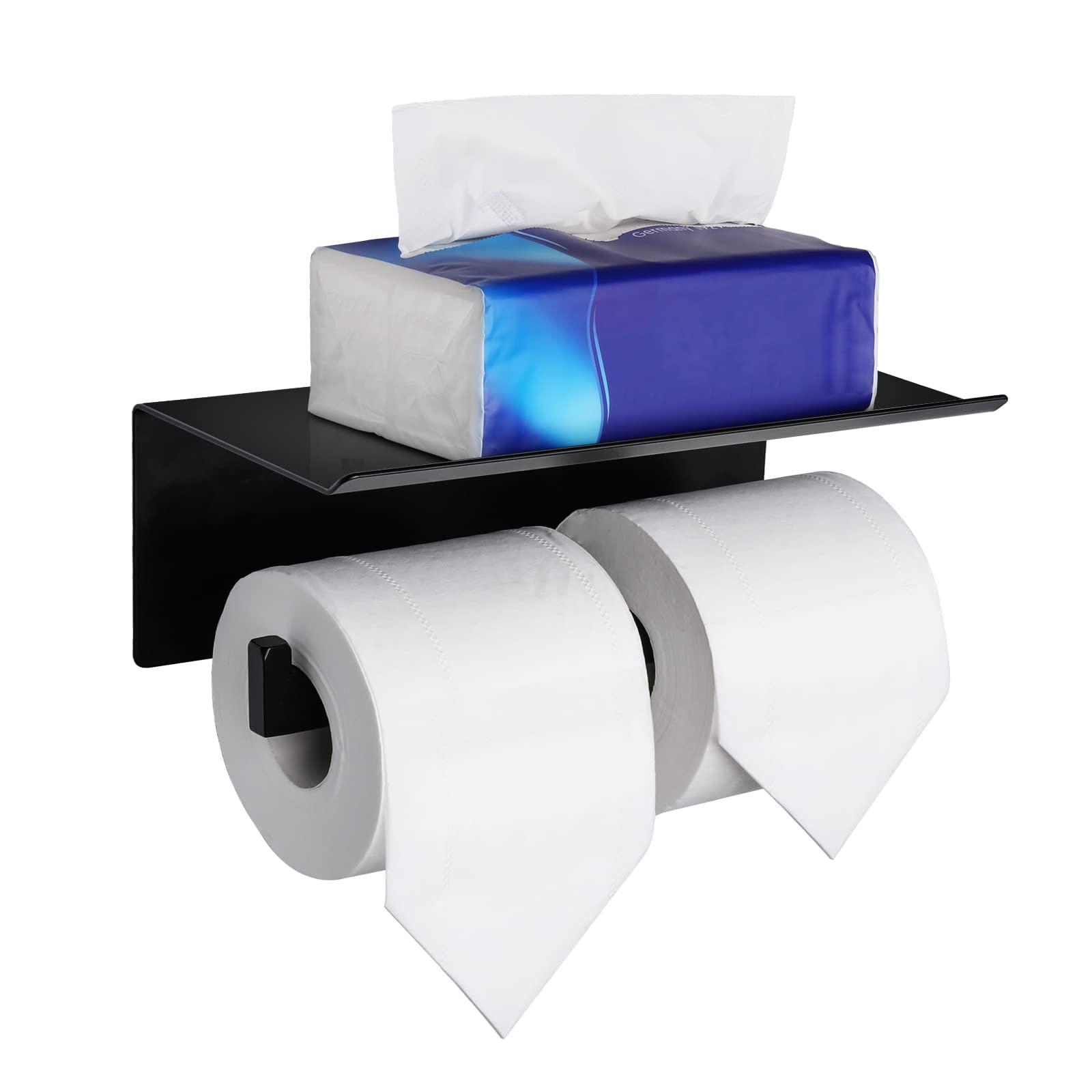 Black Toilet Paper Holder with Shelf - Matte Double Roll Bathroom Tissue Dispenser, Wall Mount SUS 304 Stainless Steel - Perfect for Modern Homes & Luxury Hotels