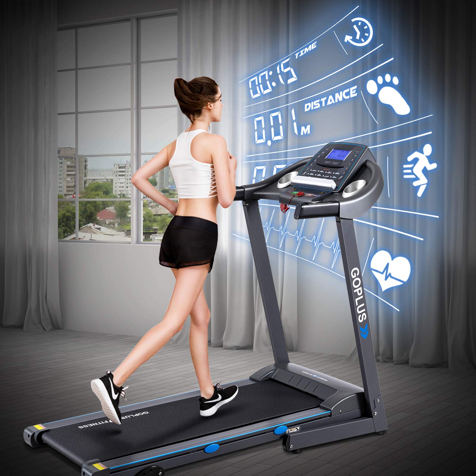 Goplus 2.25HP Folding Treadmill with Incline - Electric Running Machine for Home & Gym, Blue Backlit LCD Display, Cardio Workout Equipment for Walking, Jogging & Fitness Training | Perfect for Small Spaces & Home Exercise