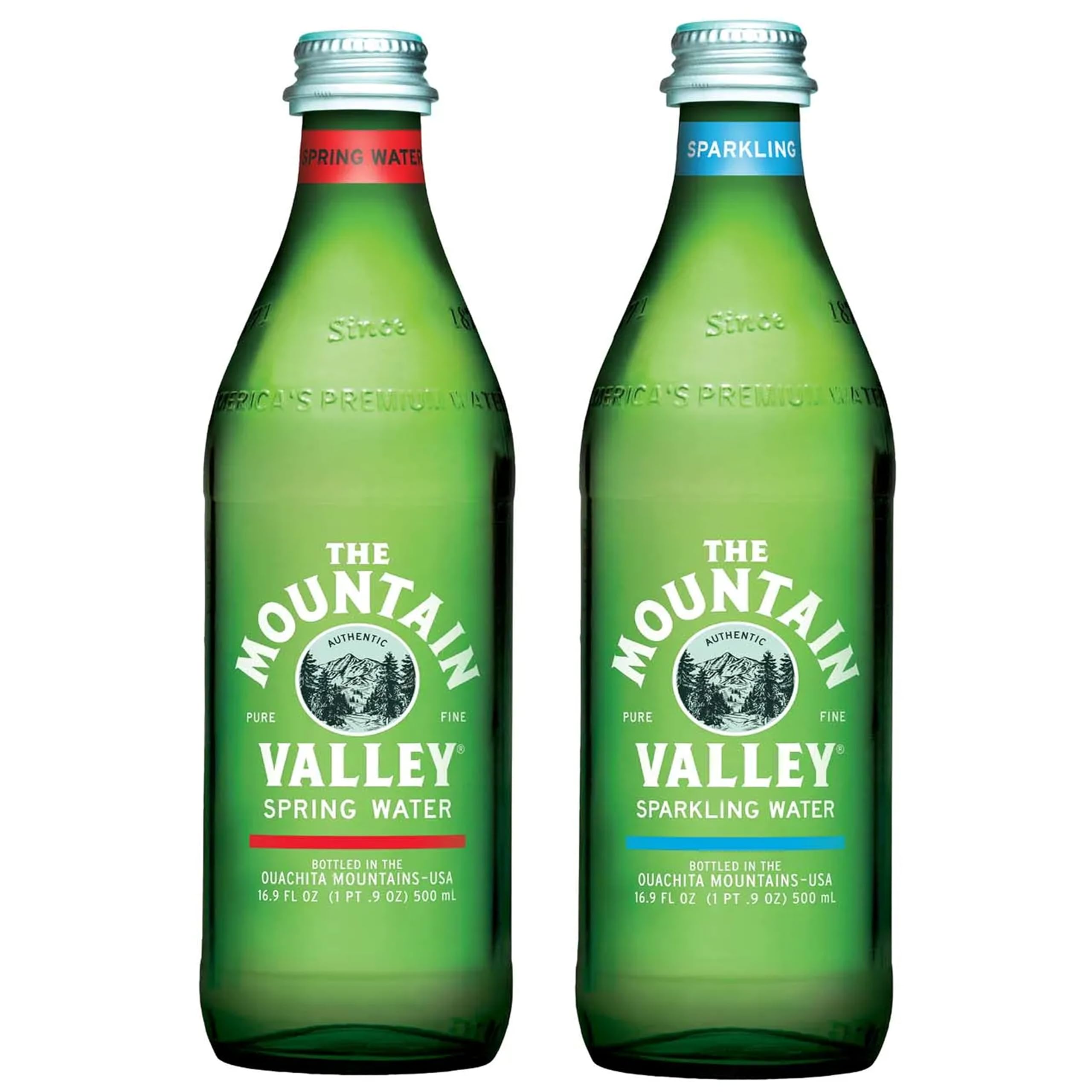 BLUE RIBBON Mountain Valley Variety Pack - 6 Glass Bottles (3 Sparkling & 3 Spring Water) 500ml | Premium Natural Mineral Water for Home, Office & Outdoor Activities