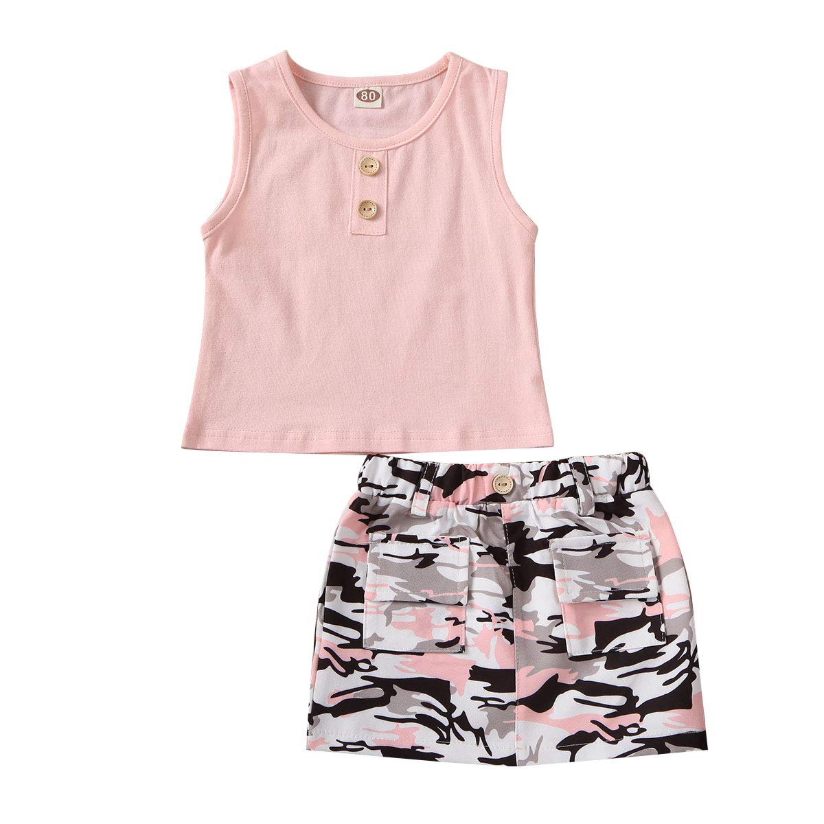 2PCS Toddler Baby Girls Camouflage Outfit Set - Cute Camo T-Shirt with Pocket & Matching Skirt Dress - Summer Casual Clothes for Playdates, Outdoor Adventures & Photo Shoots
